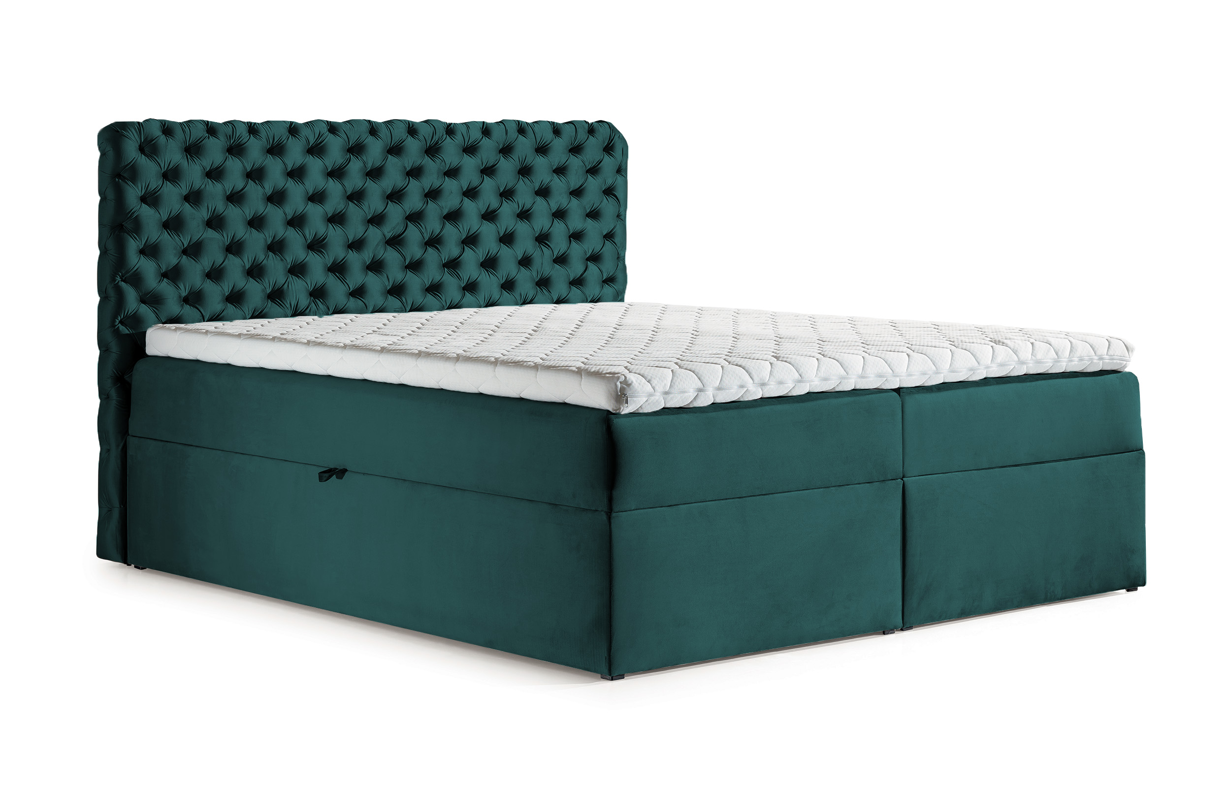 Łóżko kontynentalne Costmary 120x200 z dwoma pojemnikami, materacem i topperem turkusowe hydrofobowe