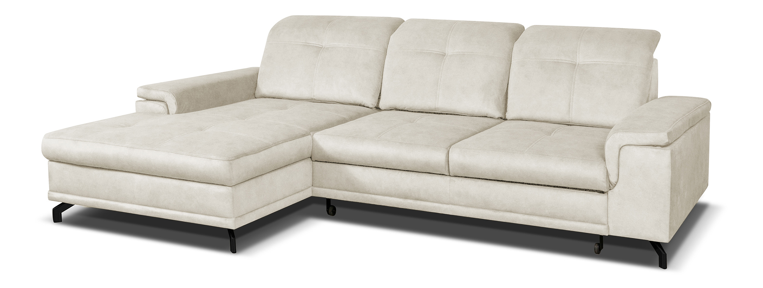 Narożnik z funkcją spania Berberati L-kształtny kremowy nogi czarne velvet hydrofobowy z pojemnikiem lewostronny