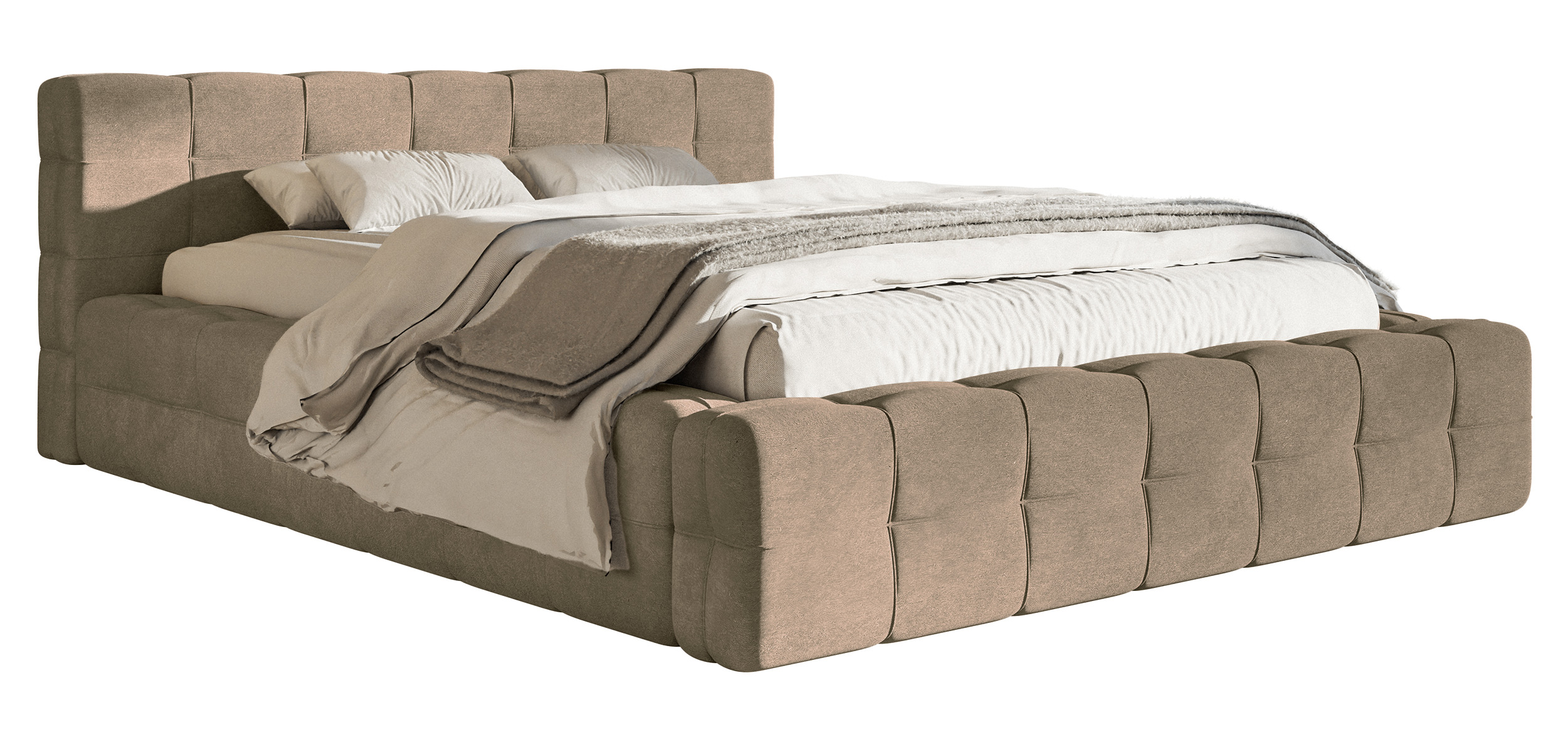 Łóżko tapicerowane Puffly 160x200 cm z pojemnikiem stelaż metalowy ciemnobeżowy welur - zdjęcie 1