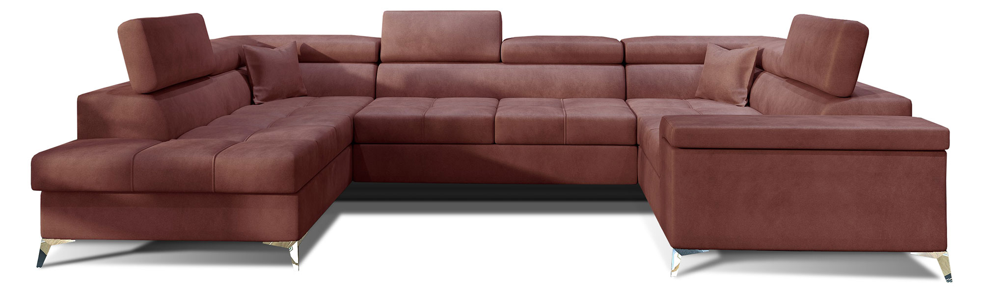 Narożnik z funkcją spania Depressa U-kształtny z pojemnikiem różowy welwet hydrofobowy lewostronny - zdjęcie 1