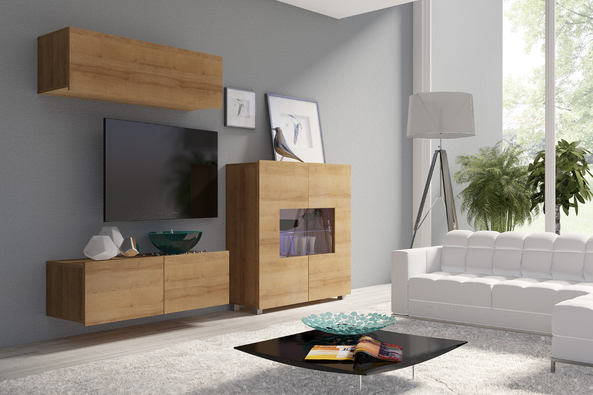 Meblościanka Kirdon z komodą i wiszącą półką Dąb złoty - zdjęcie 2