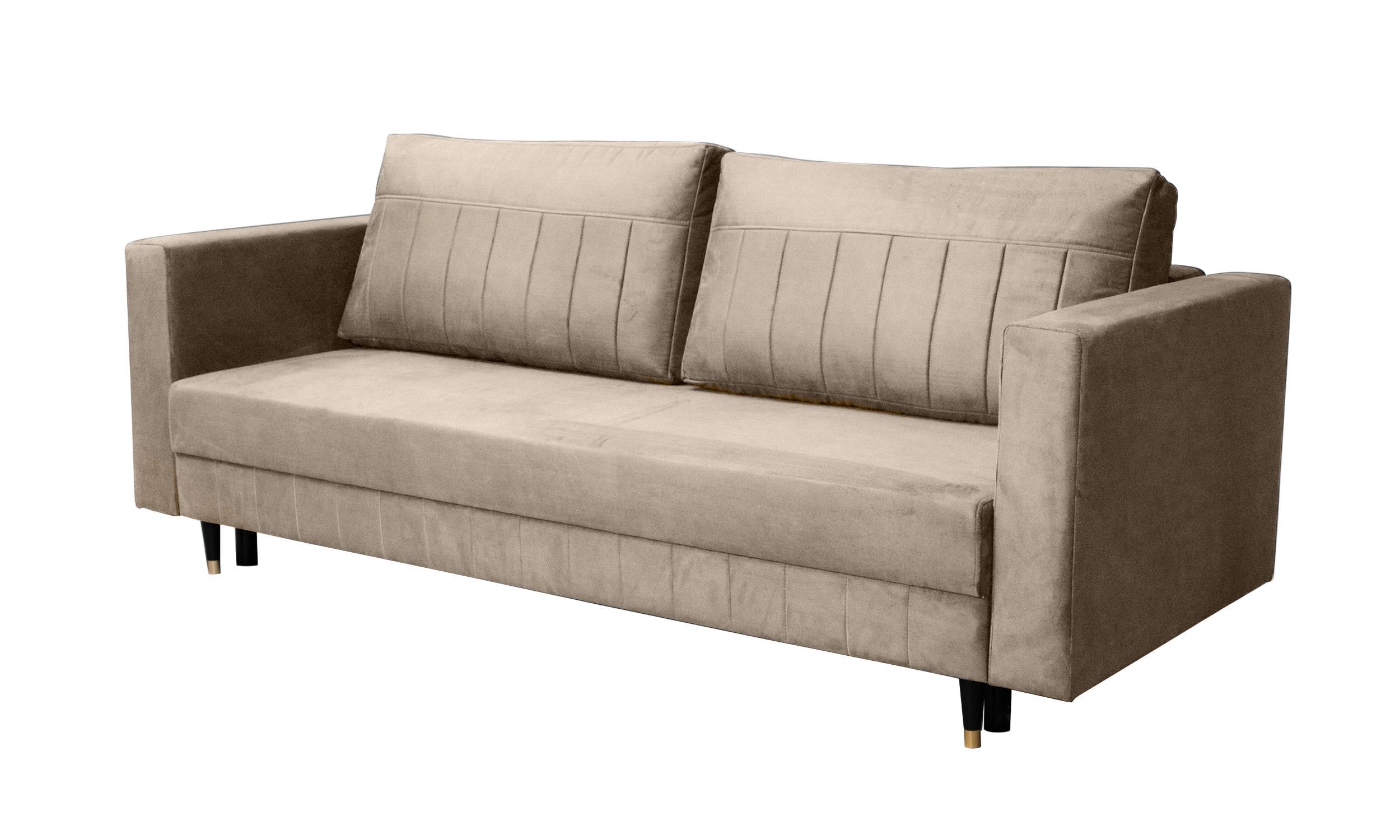 Kanapa rozkładana trzyosobowa Mullino z pojemnikiem beżowa welur hydrofobowy - zdjęcie 1