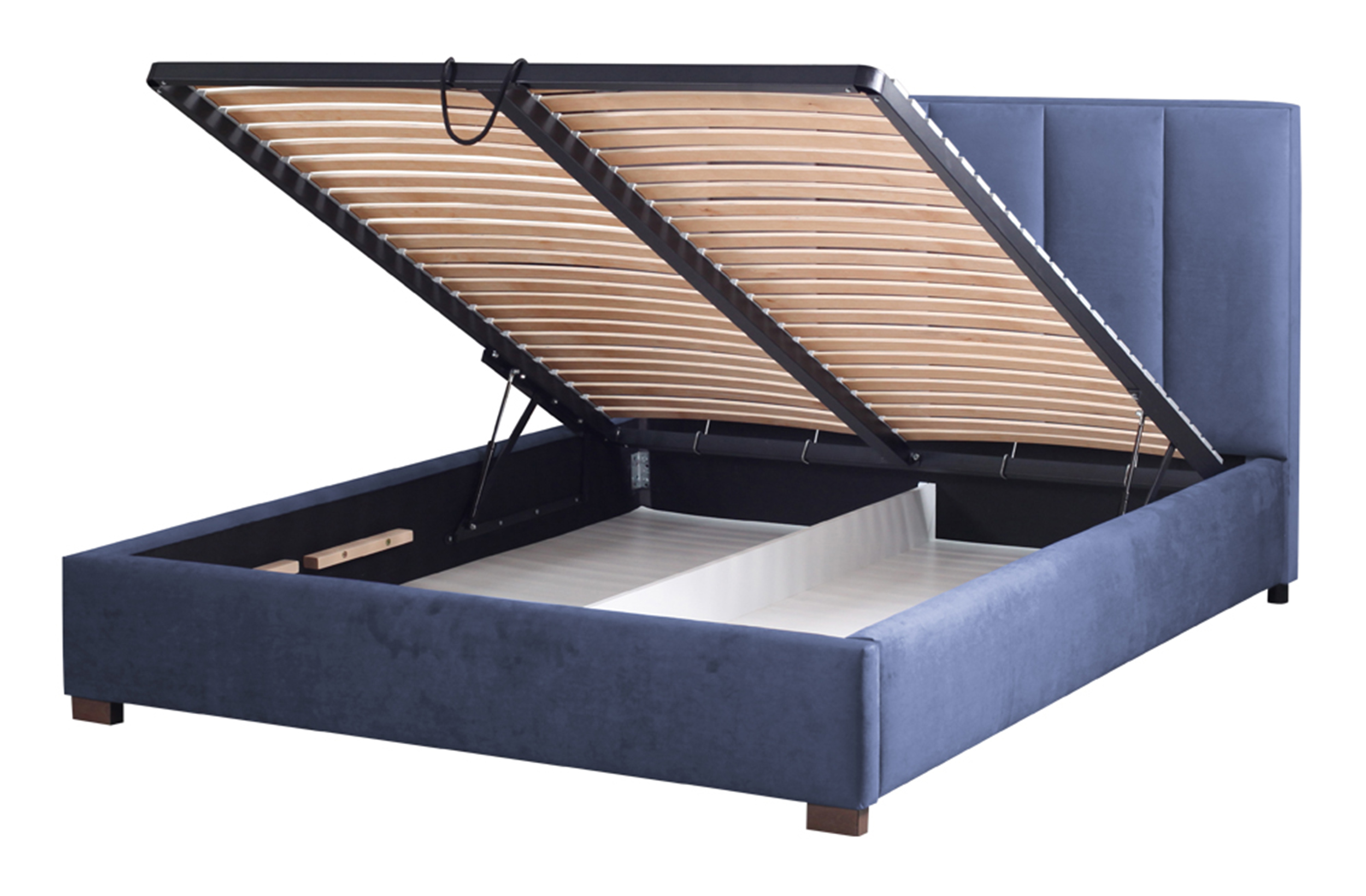 Łóżko tapicerowane 180x200 cm Montaris z pojemnikiem stelaż metalowy granatowe w tkaninie hydrofobowej - zdjęcie 3