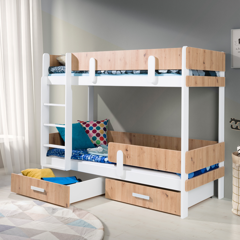 Łóżko piętrowe z dwoma posłaniami Periedo dwie szuflady Biały / Dąb Artisan  - zdjęcie 1