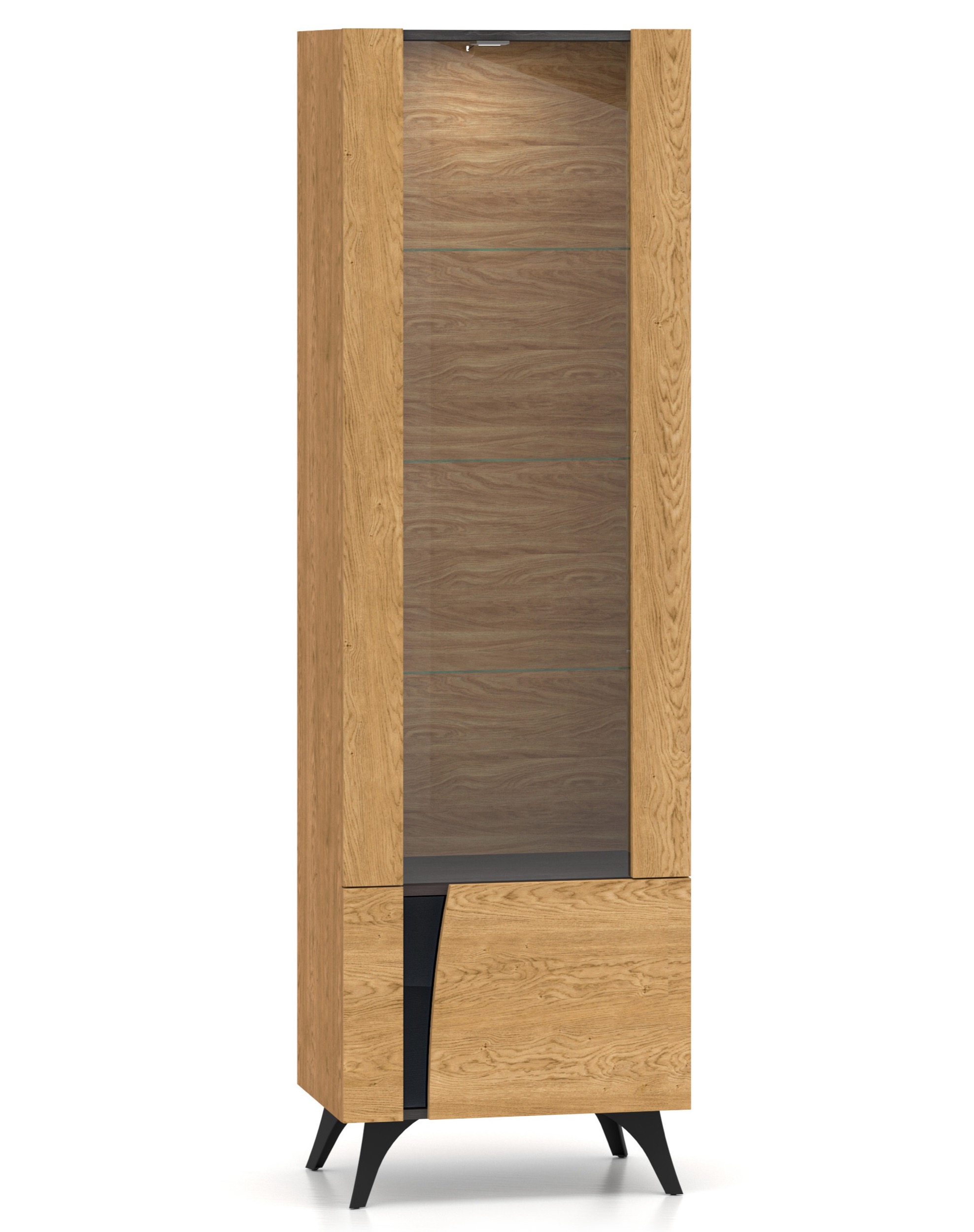 Witryna wysoka dwudrzwiowa Toscania z półkami i oświetleniem LED 58 cm dąb baltic dune/jesion portland czarny - zdjęcie 1