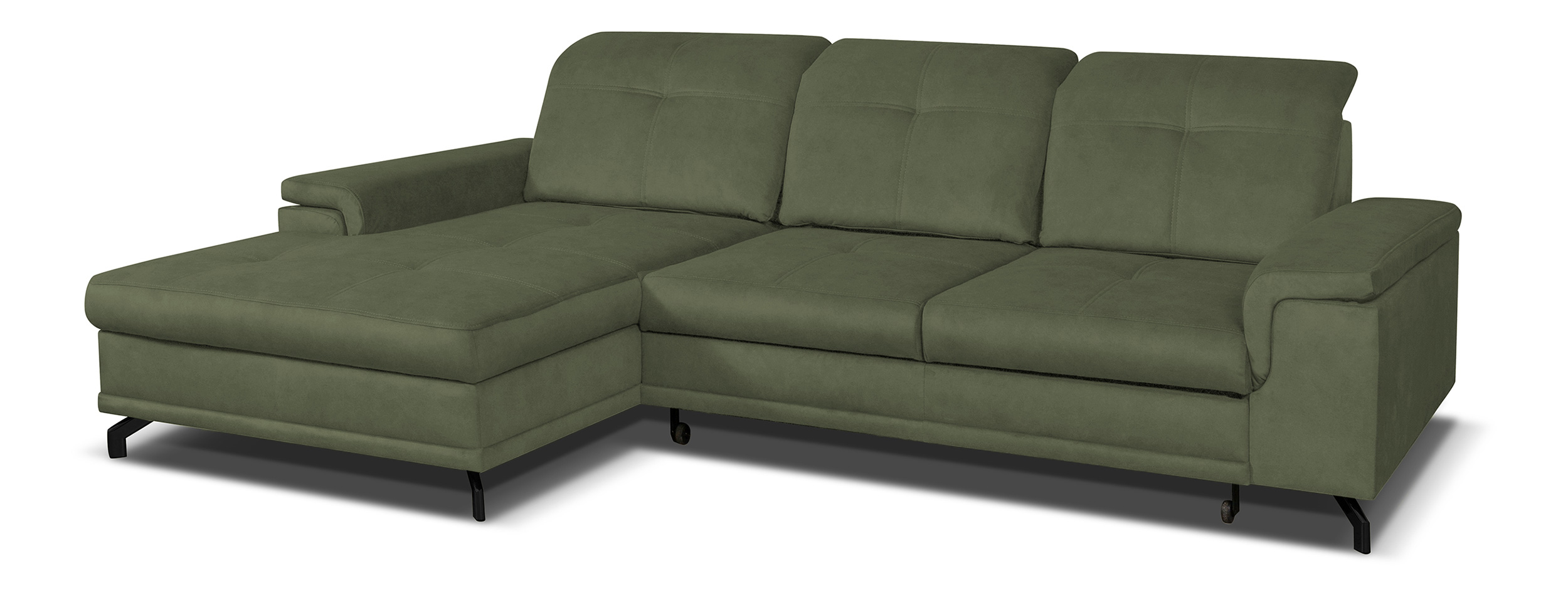 Narożnik z funkcją spania Berberati L-kształtny oliwkowy nogi czarne velvet hydrofobowy z pojemnikiem lewostronny - zdjęcie 1