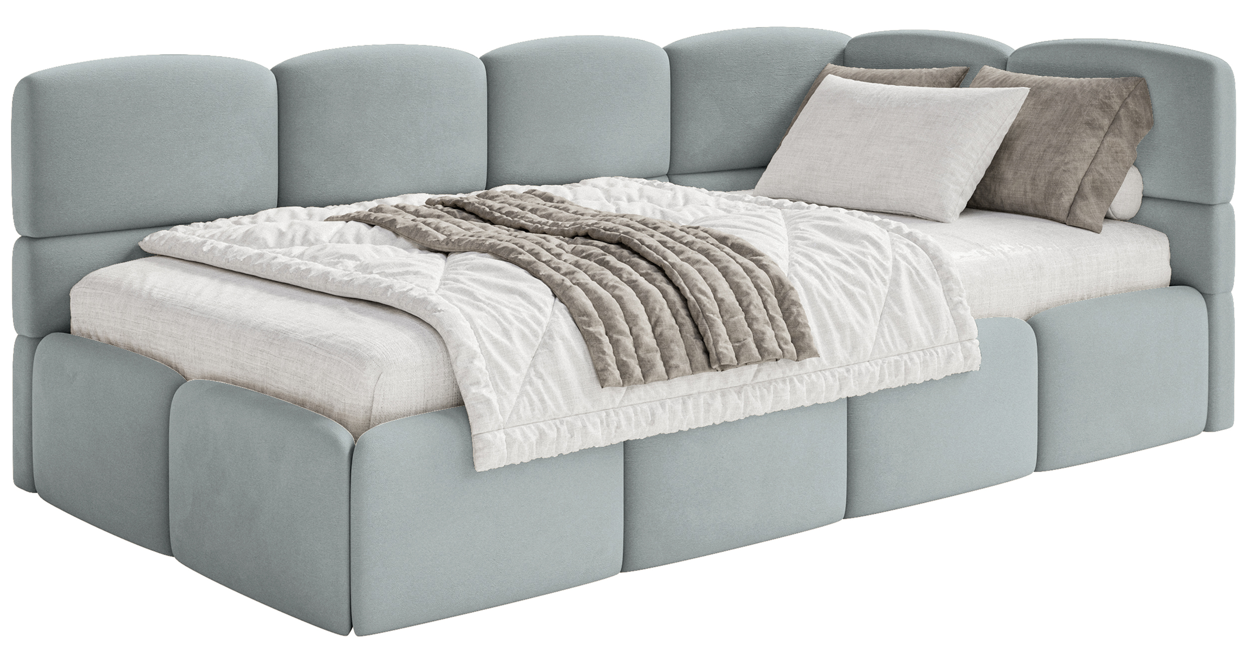 Łóżko młodzieżowe 90x200 cm Cloudy prawostronne z pojemnikiem szare welur hydrofobowy łatwoczyszczący