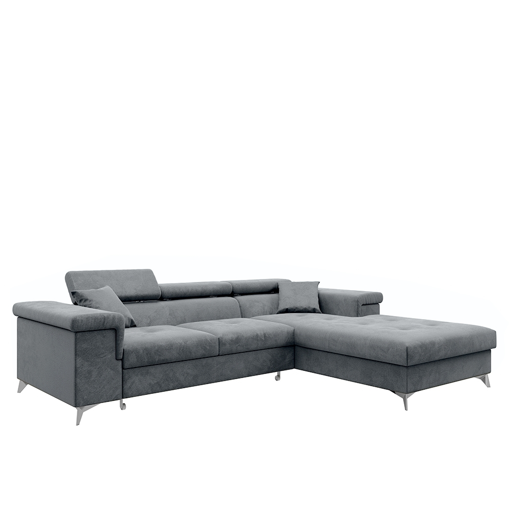 Narożnik z funkcją spania Mikkara L-kształtny z pojemnikiem jasnoszary welur hydrofobowy prawostronny