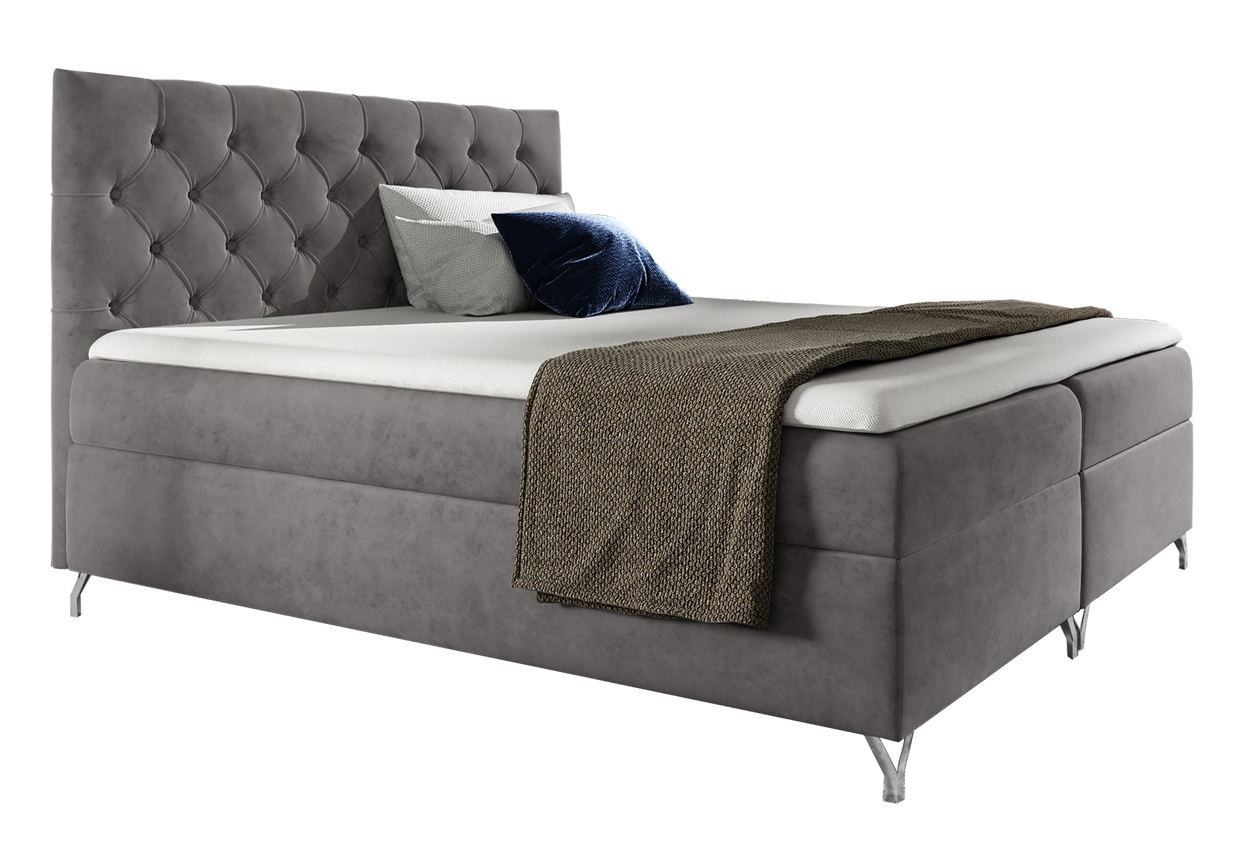 Łóżko kontynentalne Lozanna 200x200 z dwoma pojemnikami, materacem i topperem szare - zdjęcie 1