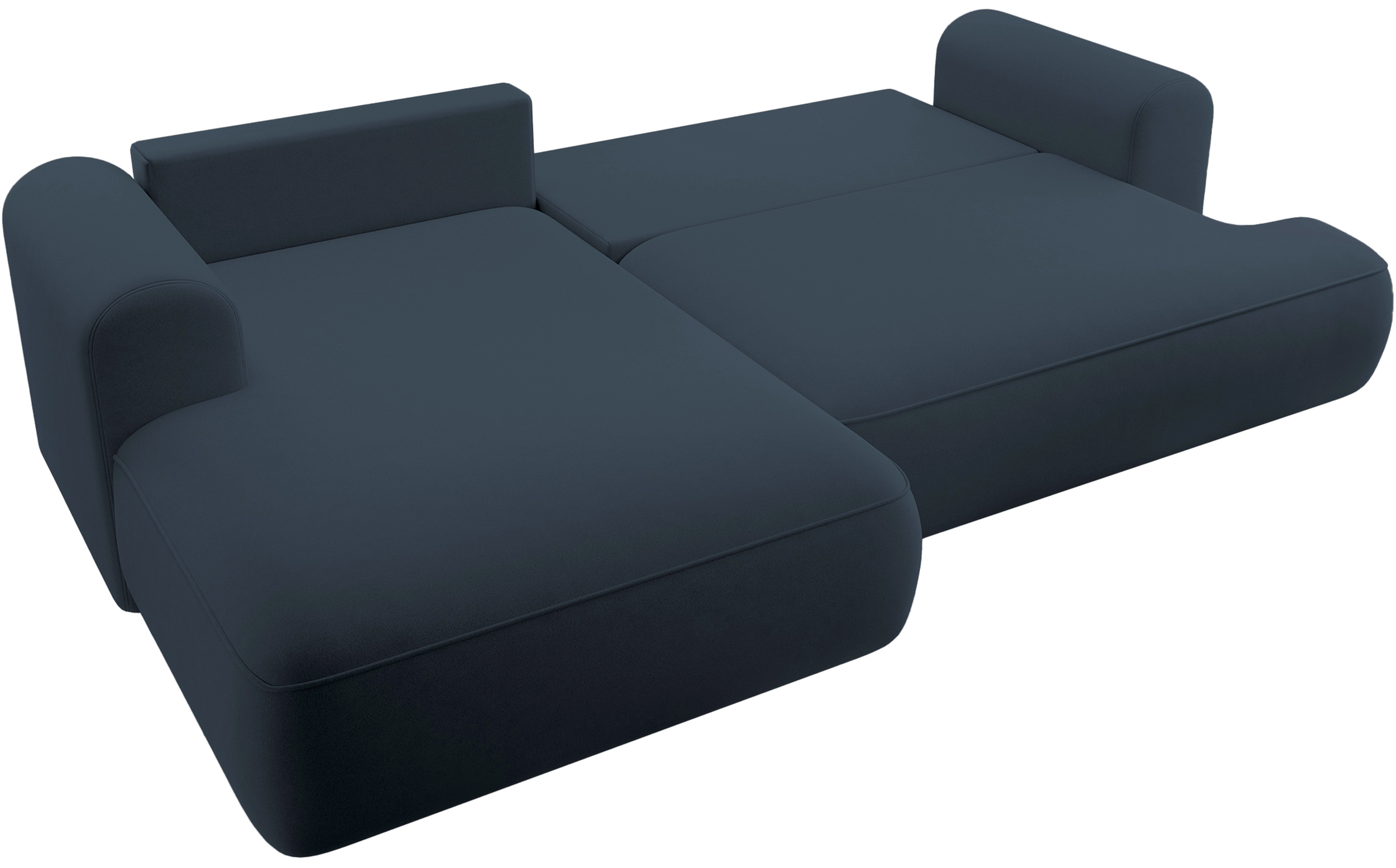 Canapé d'angle convertible Ovo en L velours bleu marine avec bac en tissu facile à nettoyer, côté gauche