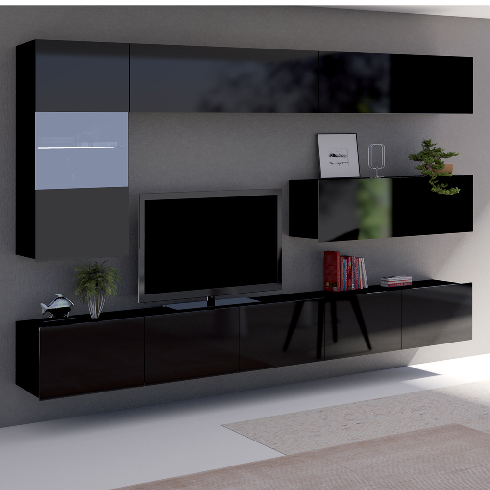 Meblościanka Kirdon z trzema wiszącymi półkami i witryną Czarny mat / Czarny połysk  - zdjęcie 5