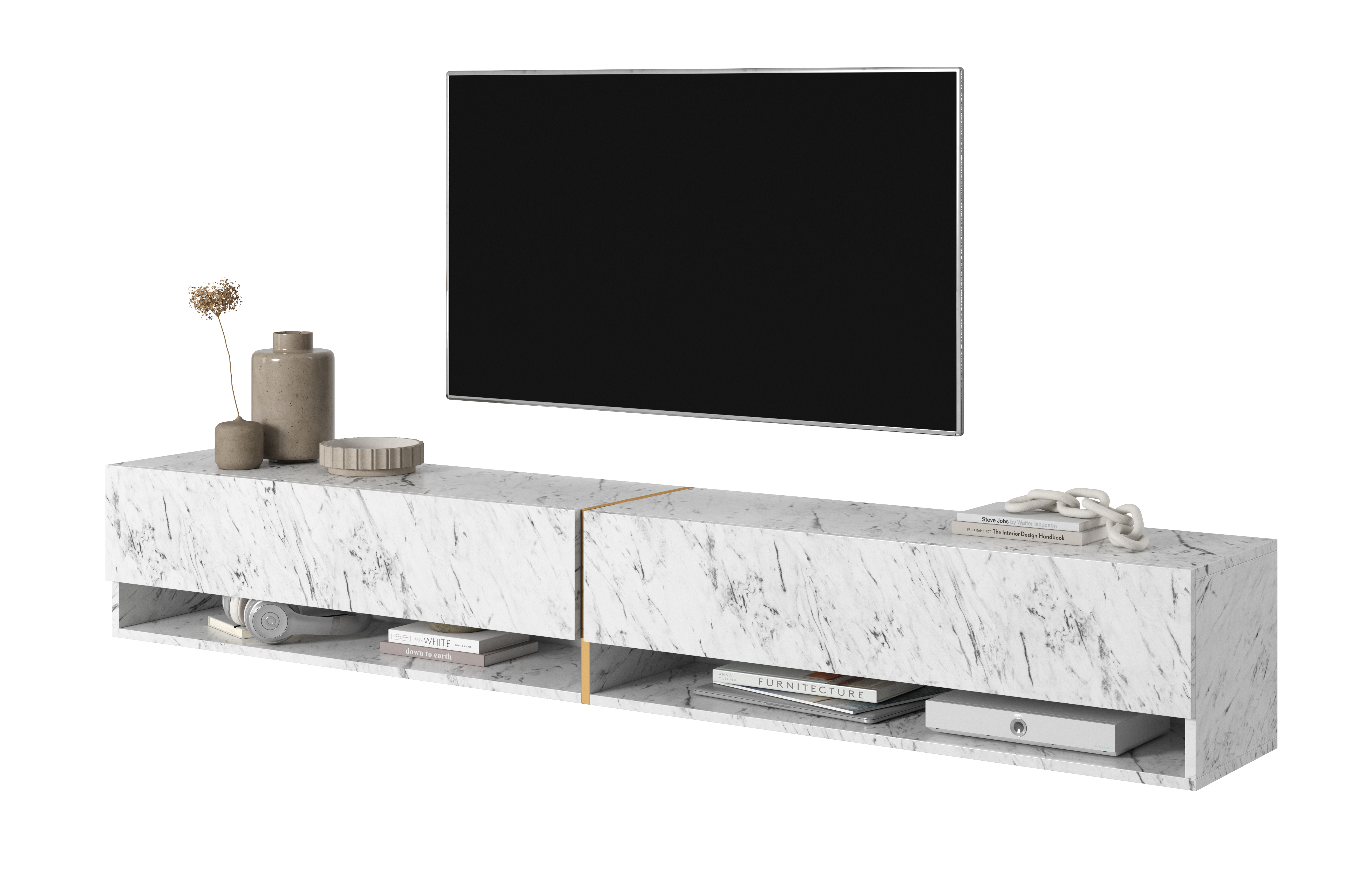 Szafka RTV Mirrgo 200 cm Marmur Egger biały ze złotą wstawką - zdjęcie 1