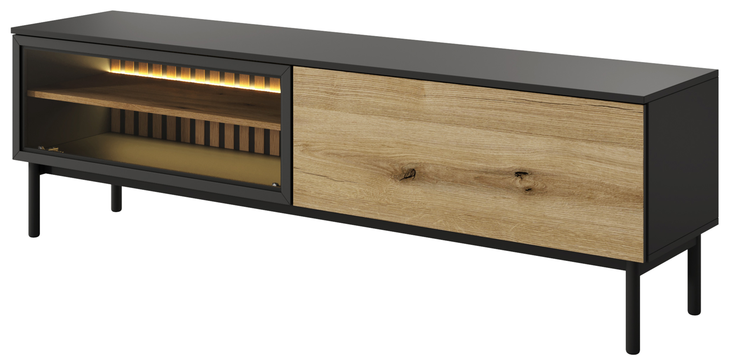 Szafka RTV Lang 180 cm z lamelami i oświetleniem LED czarny / dąb evoke - zdjęcie 1