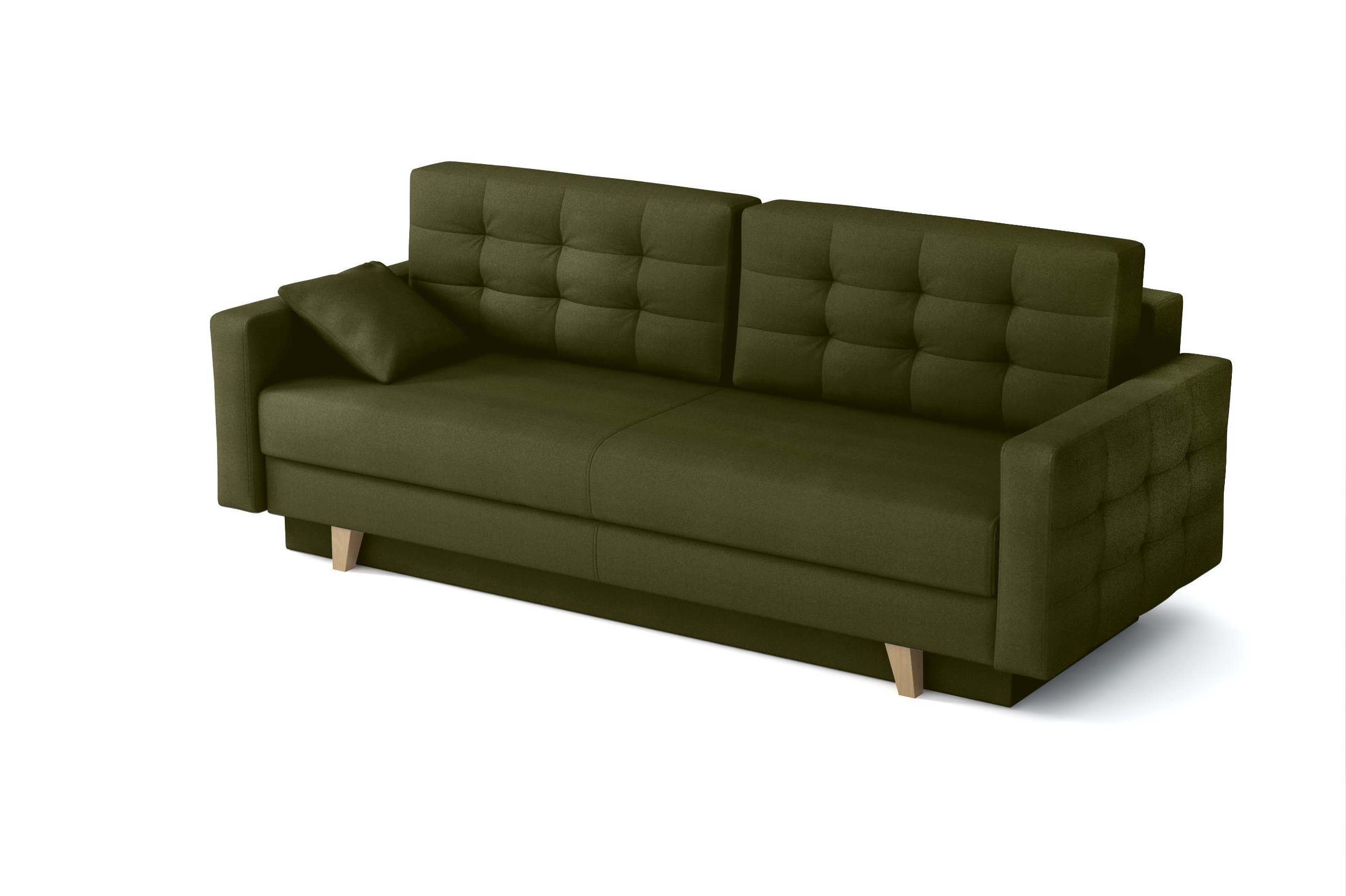 Kanapa rozkładana trzyosobowa Verat z pojemnikiem oliwkowa welur hydrofobowy - zdjęcie 1