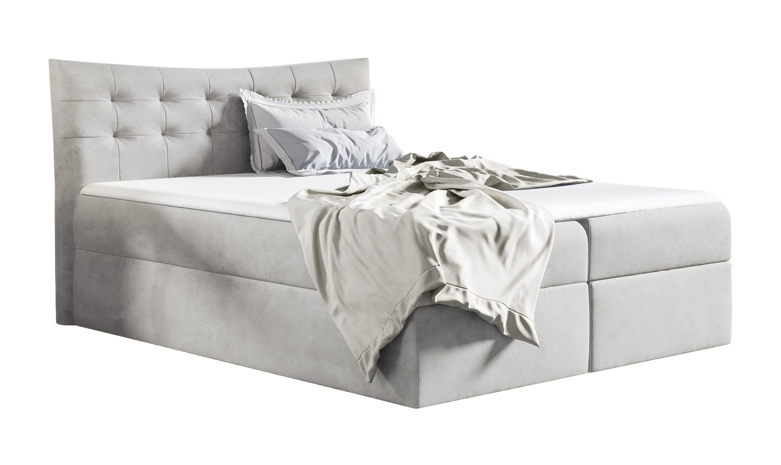 Łóżko kontynentalne Ramblano 120x200 z dwoma pojemnikami, materacem i topperem szare hydrofobowe