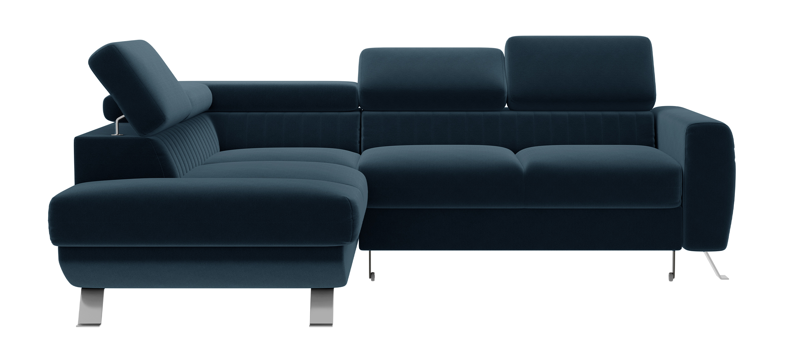 Narożnik z funkcją spania Bambito L-kształtny z pojemnikiem i regulowanymi zagłówkami granatowy welur hydrofobowy lewostronny - zdjęcie 1