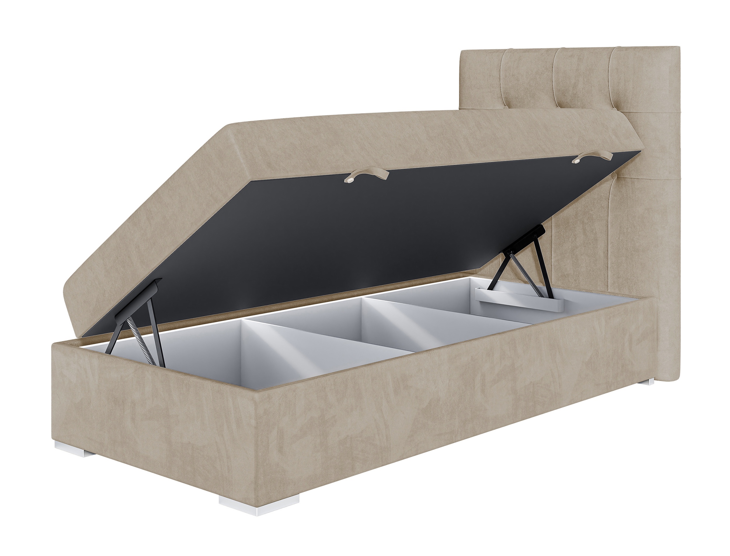 Łóżko kontynentalne 90x200 cm Tondela z pojemnikiem i topperem beżowe welur hydrofobowy prawostronne