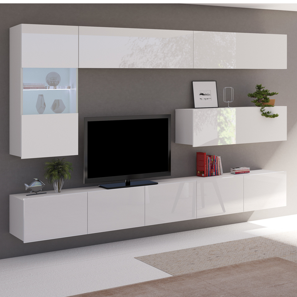 Meblościanka Kirdon z trzema wiszącymi półkami i witryną Biały mat / Biały połysk  - zdjęcie 3