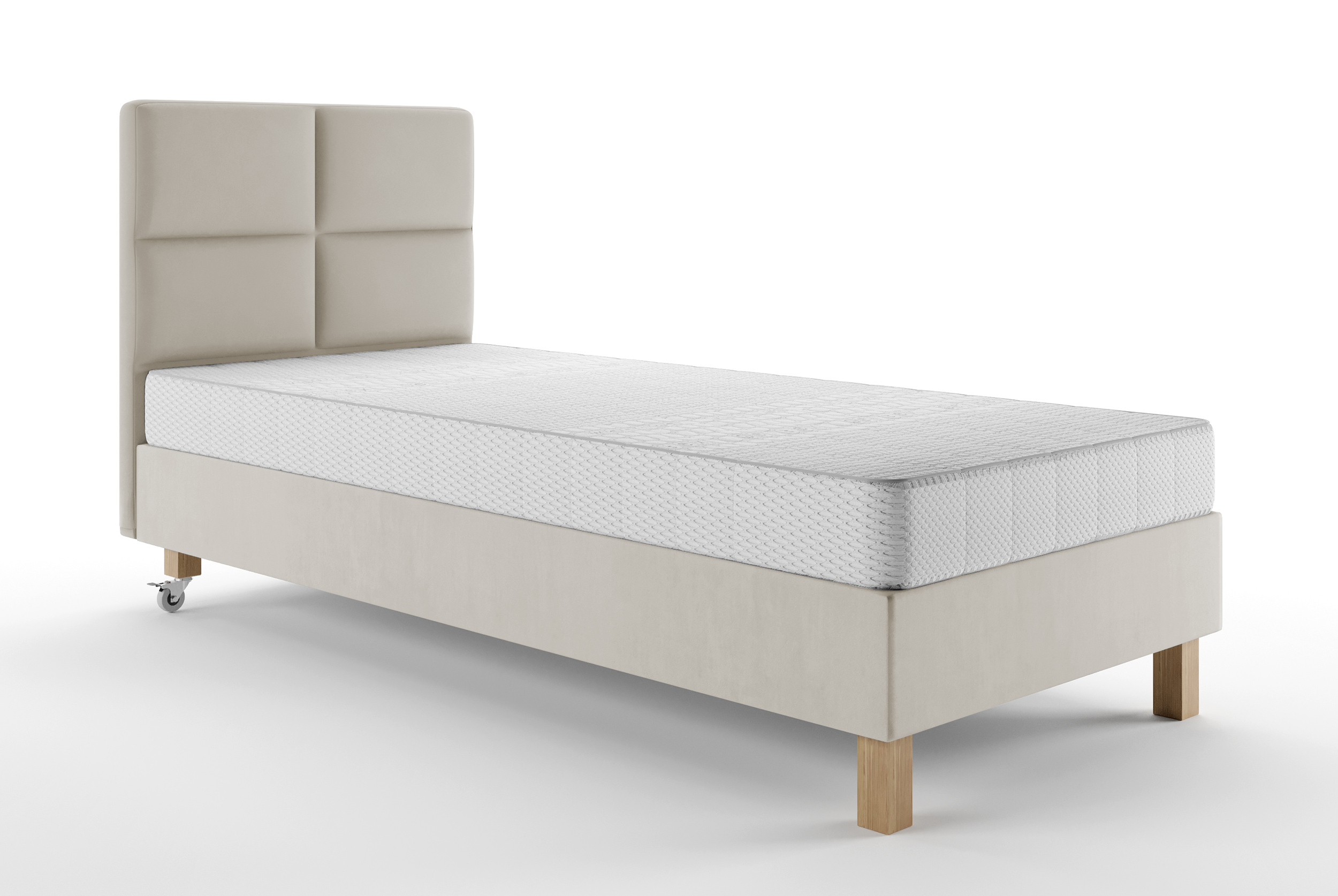 Łóżko tapicerowane 80x200 cm Donbay z wezglowiem panelowym i materacem kieszeniowym jasnobeżowe welur hydrofobowy - zdjęcie 1