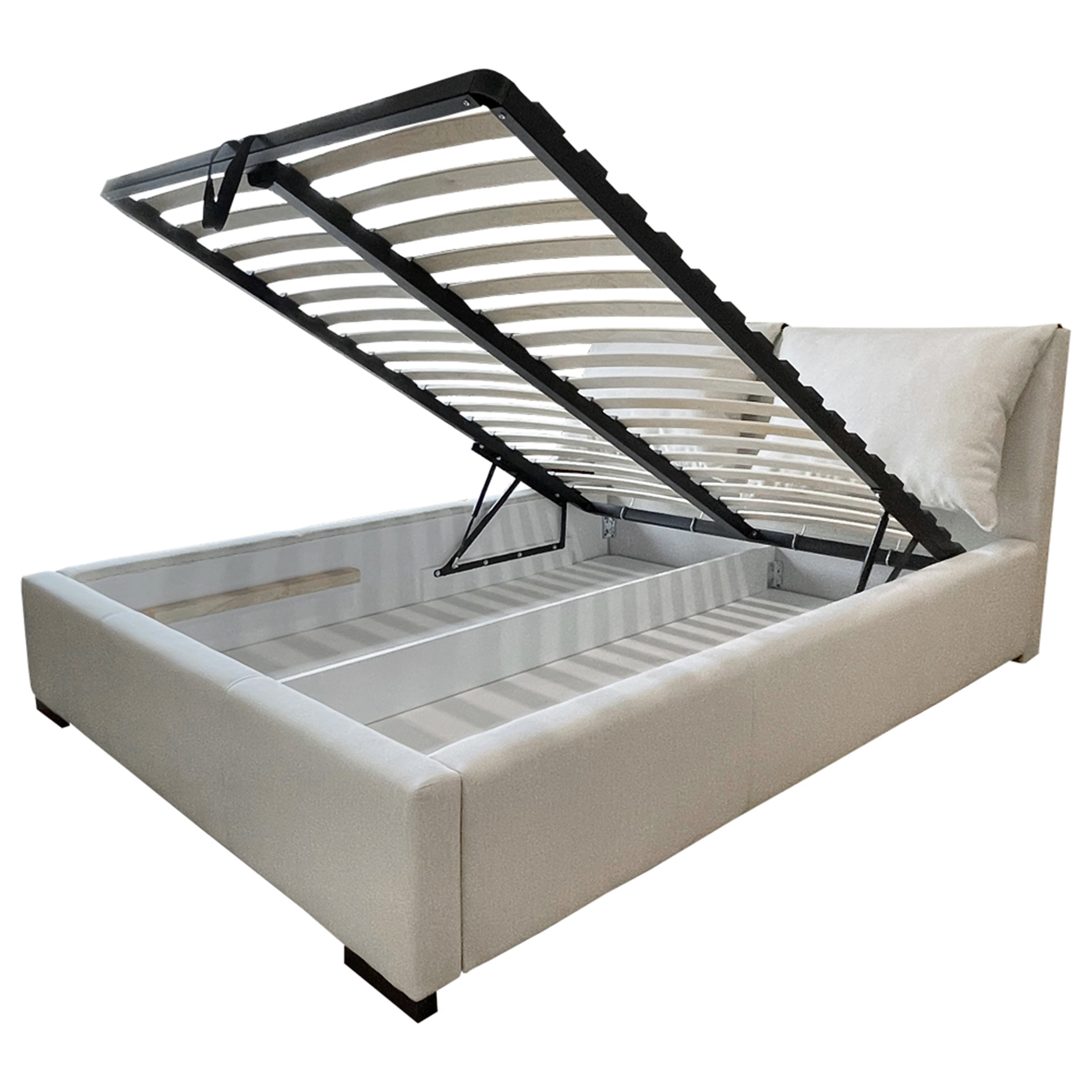 Łóżko tapicerowane Doevi 140x200 ze stelażem metalowym i pojemnikiem jasnobeżowe hydrofobowe - zdjęcie 1