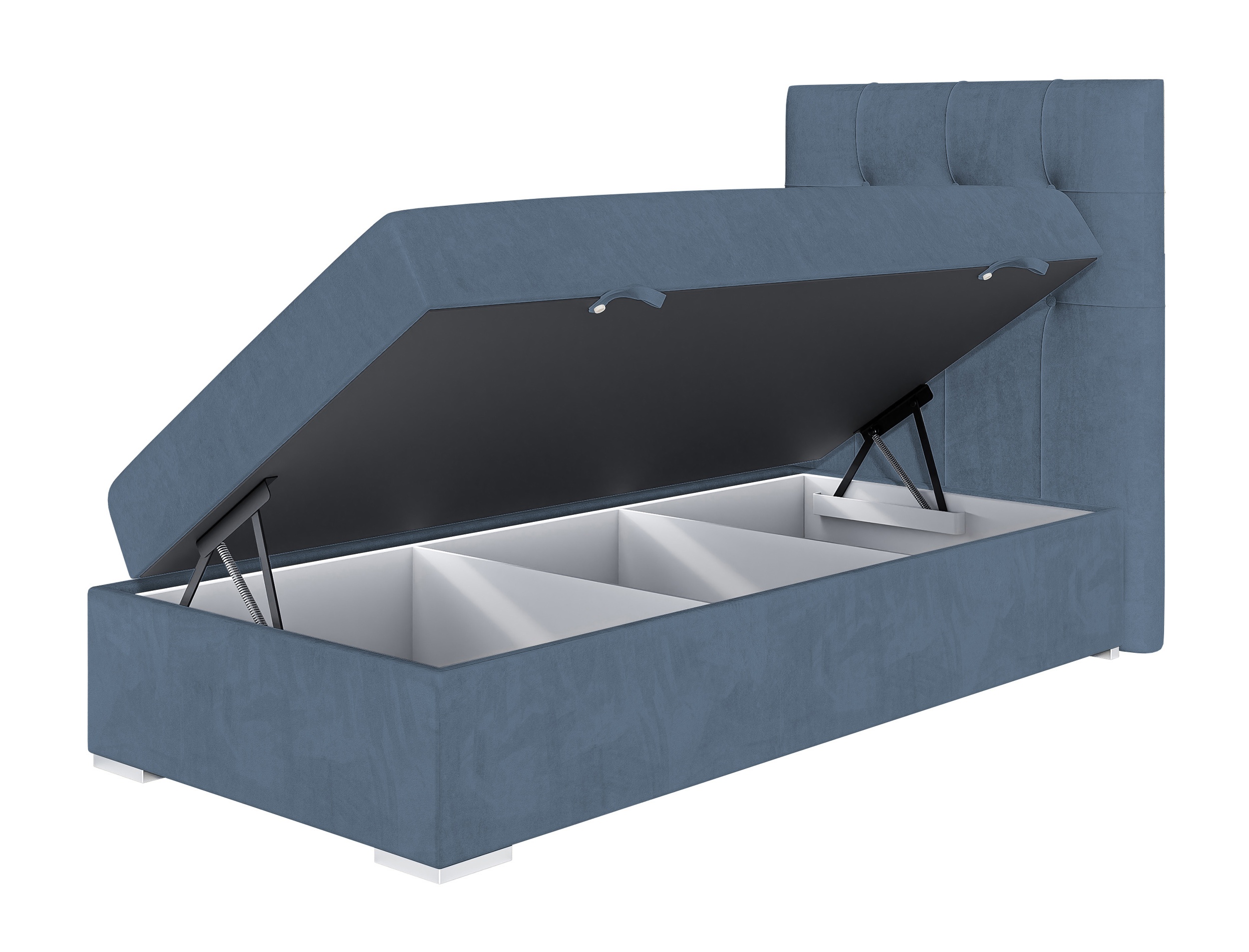Łóżko kontynentalne 90x200 cm Tondela z pojemnikiem i topperem niebieskie welur hydrofobowy prawostronne - zdjęcie 1