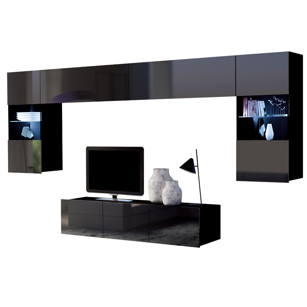 Meblościanka Kirdon z szafką RTV o szerokości 150 cm Czarny mat / Czarny połysk  - zdjęcie 3