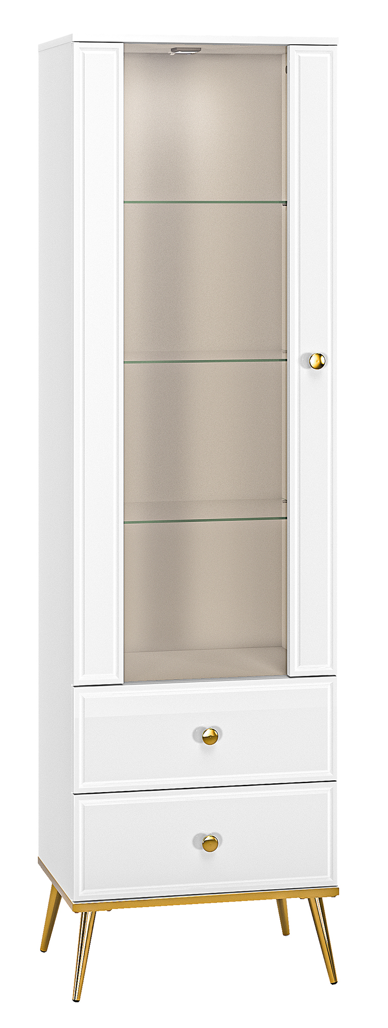 Witryna jednodrzwiowa Darrby 55 cm z dwiema szufladami biała/biały połysk ze złotymi nogami z led - zdjęcie 1