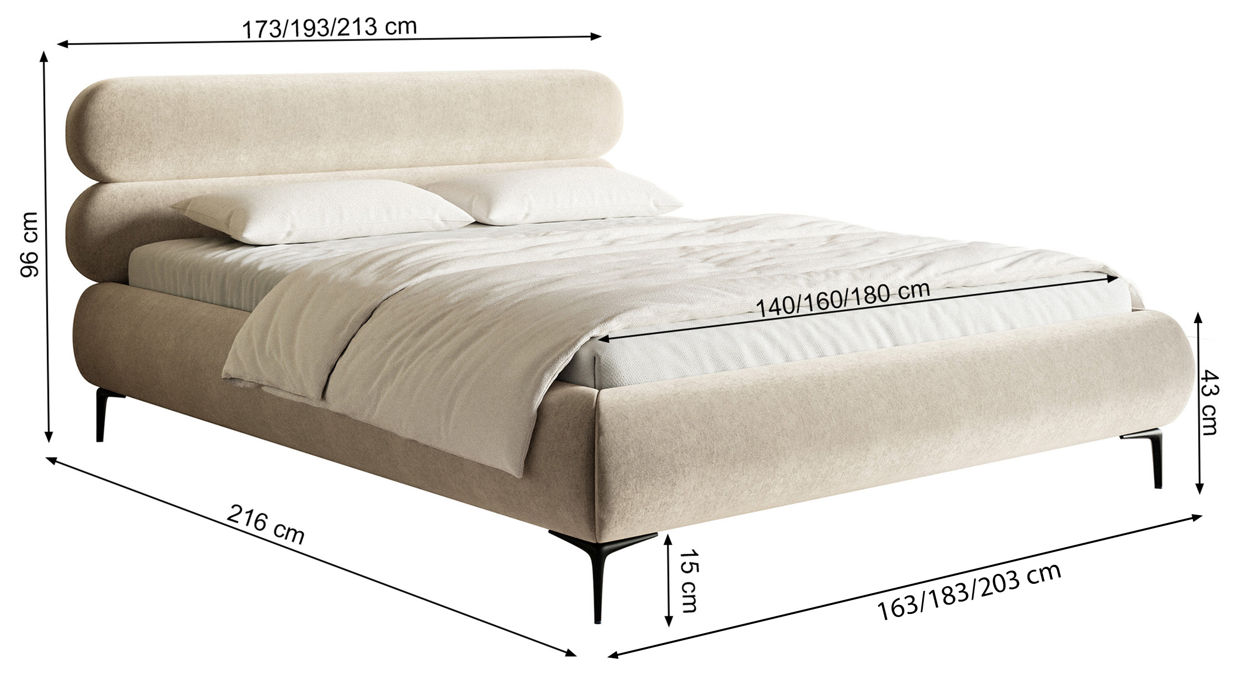 Łóżko tapicerowane 180x200 cm Roule z pojemnikiem stelaż metalowy szarobeżowe szenil nóżki złote