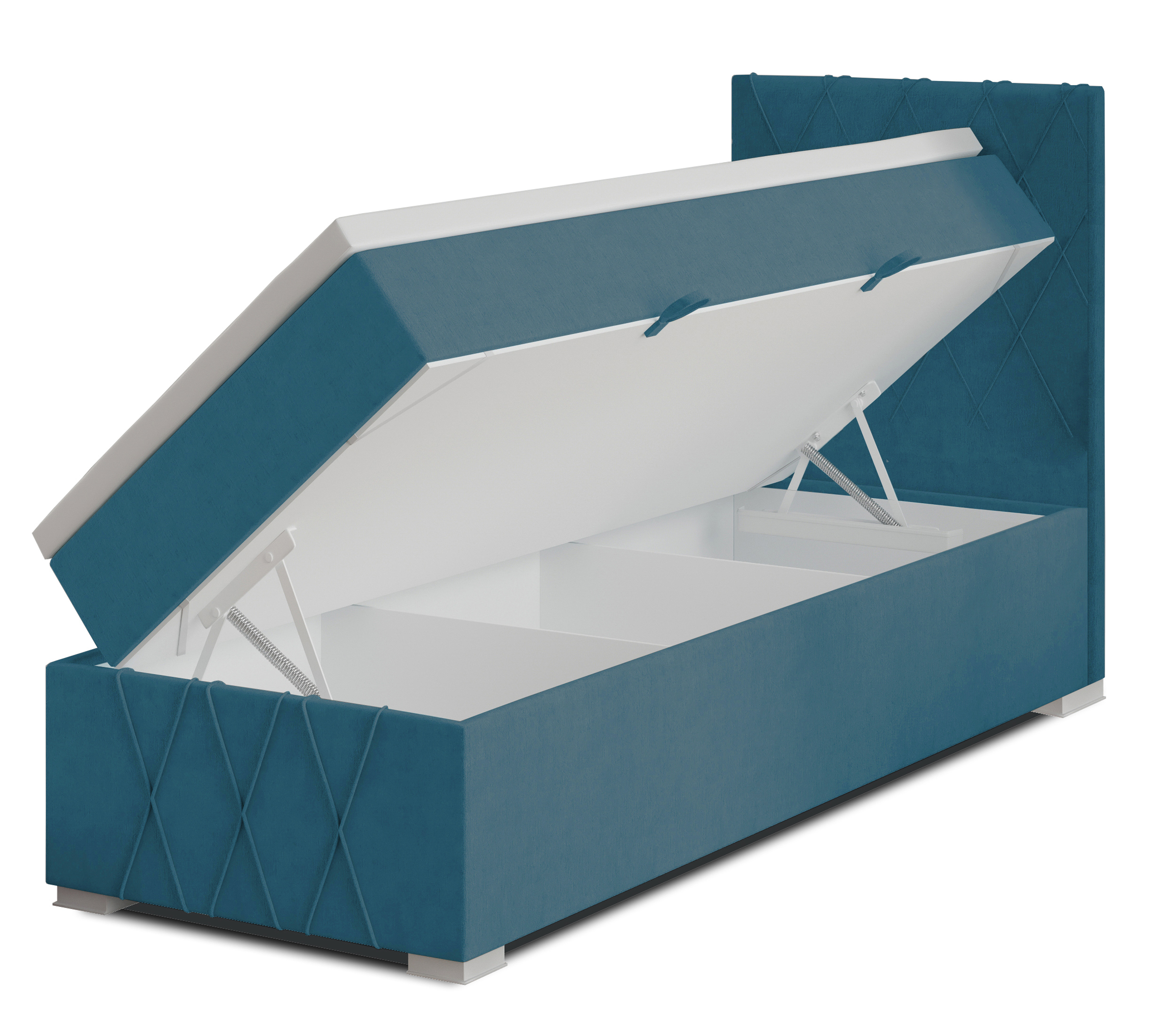 Łóżko kontynentalne 90x200 cm Segarati z pojemnikiem i topperem niebieskie welur hydrofobowy prawostronne