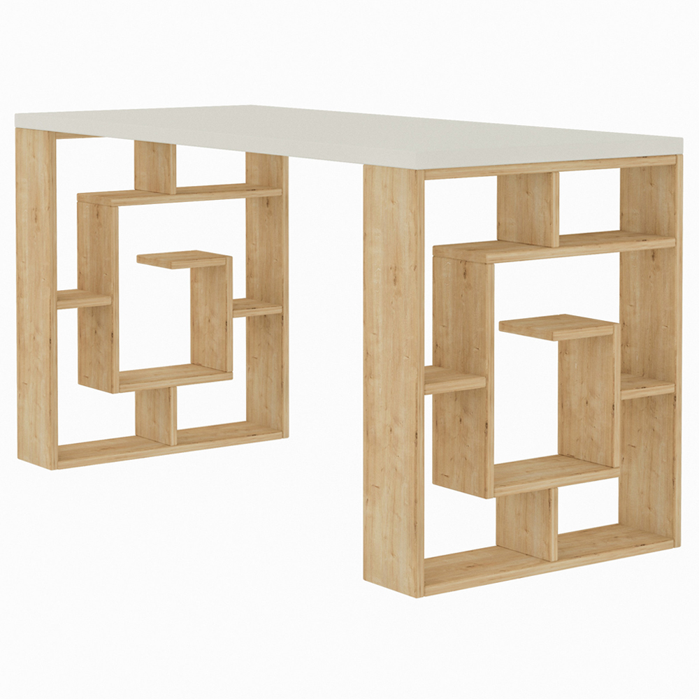 Biurko drewniane Zahys 140x60 cm z białym blatem - zdjęcie 1