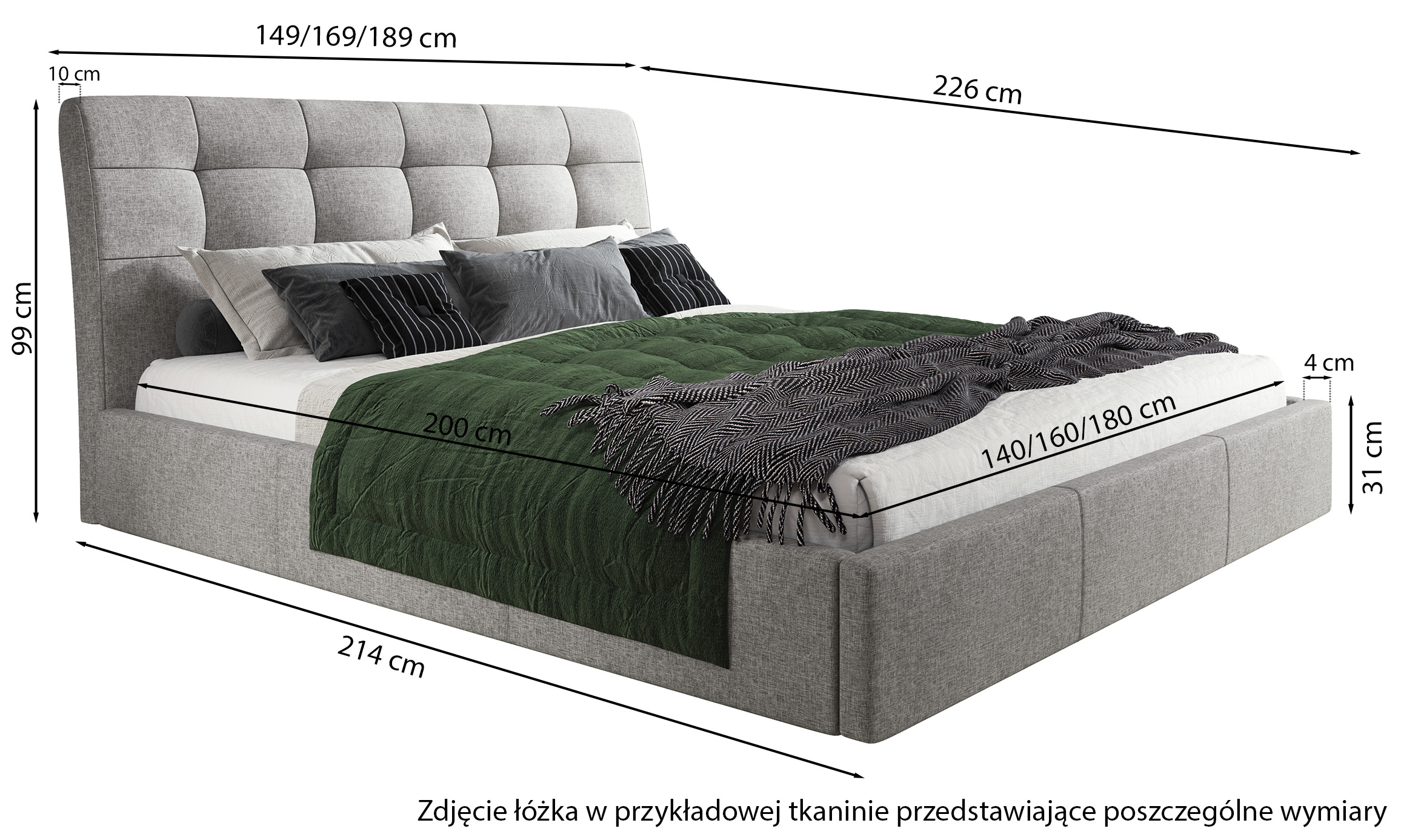Łóżko tapicerowane 140x200 cm Alneo z pojemnikiem grafitowe plecionka