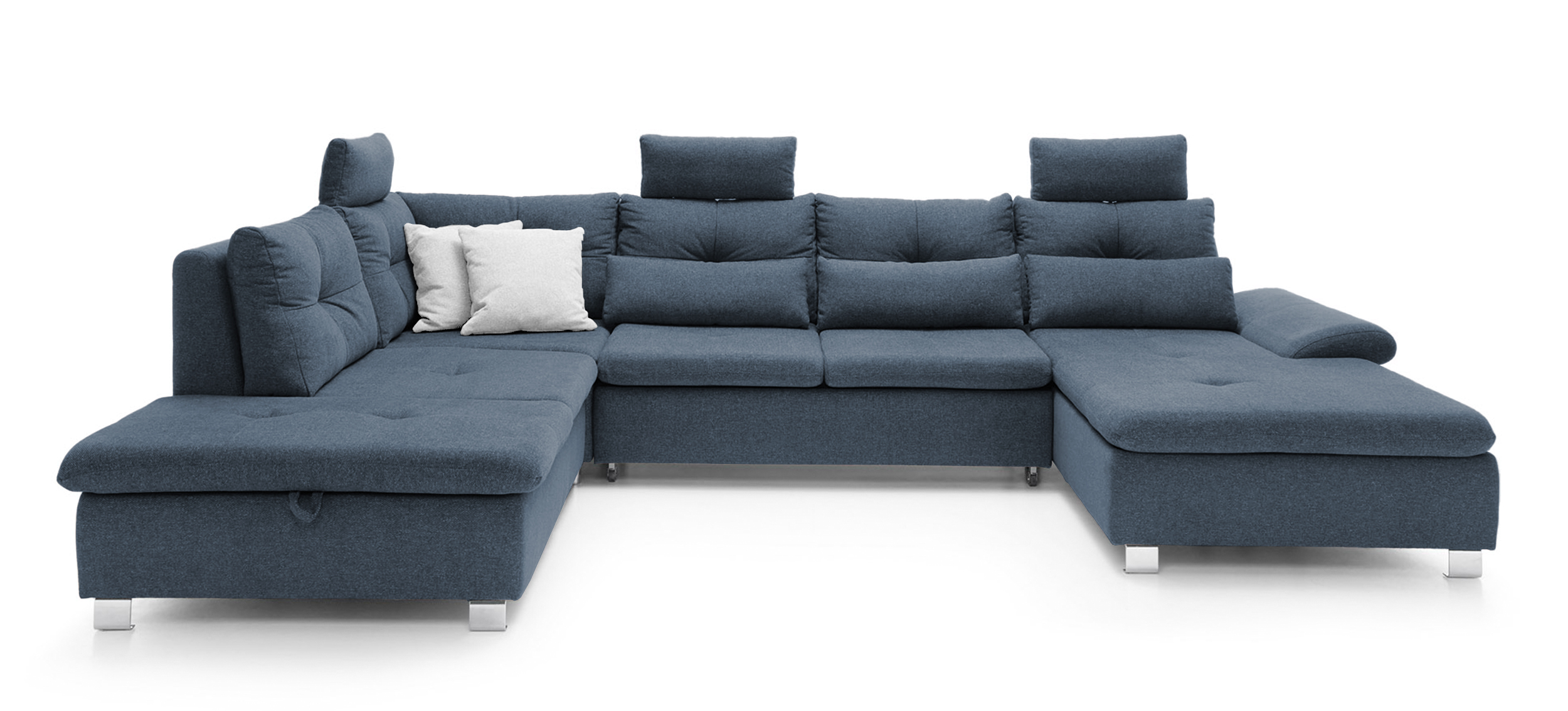 Narożnik z funkcją spania Josella U z pojemnikiem granatowy w tkaninie hydrofobowej plecionka prawostronny - zdjęcie 1