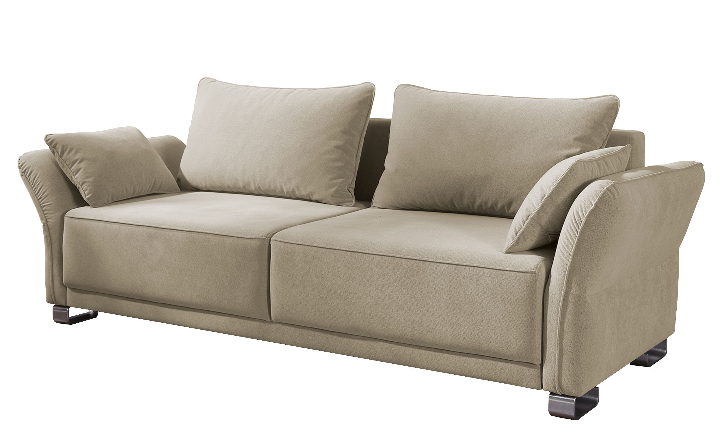 Kanapa rozkładana trzyosobowa Baselo beżowa z pojemnikiem i regulowanymi podłokietikami w tkaninie hydrofobowej welur - zdjęcie 1