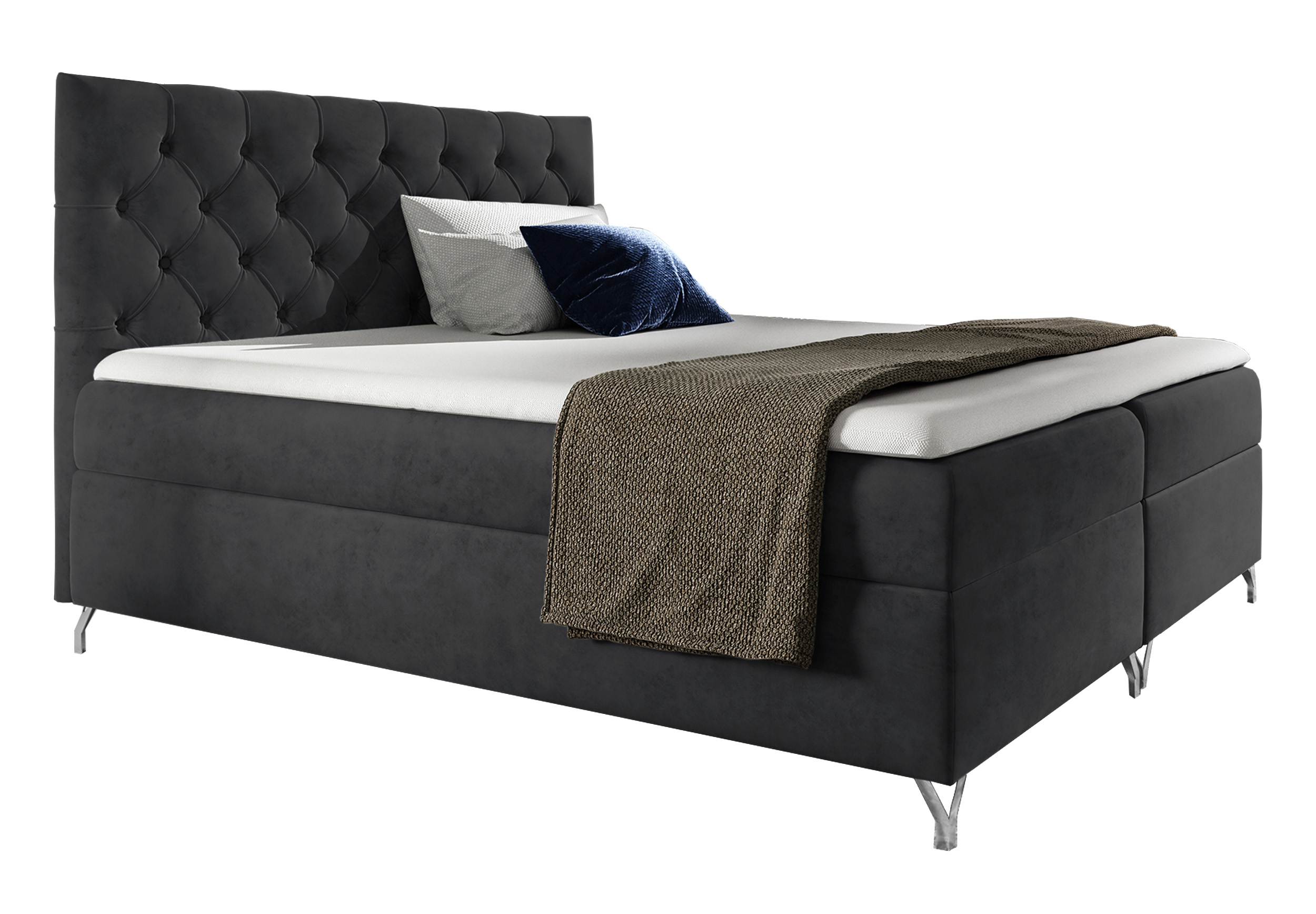 Łóżko kontynentalne Lozanna 180x200 z dwoma pojemnikami, materacem i topperem ciemnoszare - zdjęcie 1