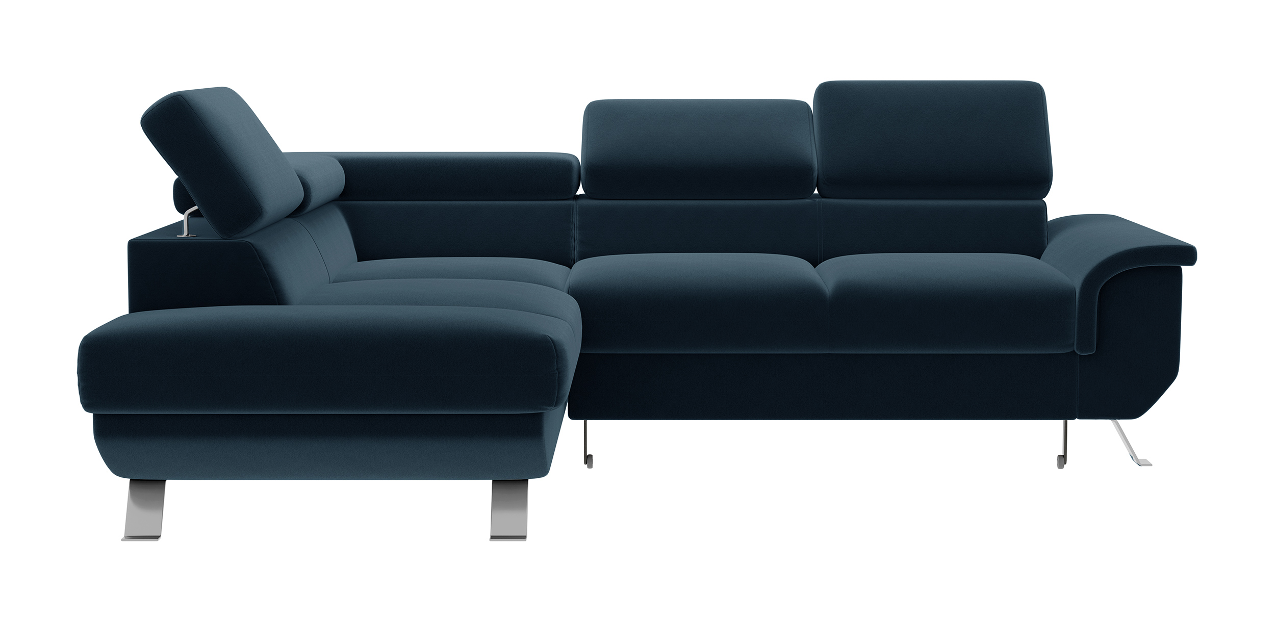 Narożnik z funkcją spania Carenero L-kształtny z pojemnikiem i regulowanymi zagłówkami granatowy welur hydrofobowy lewostronny - zdjęcie 1