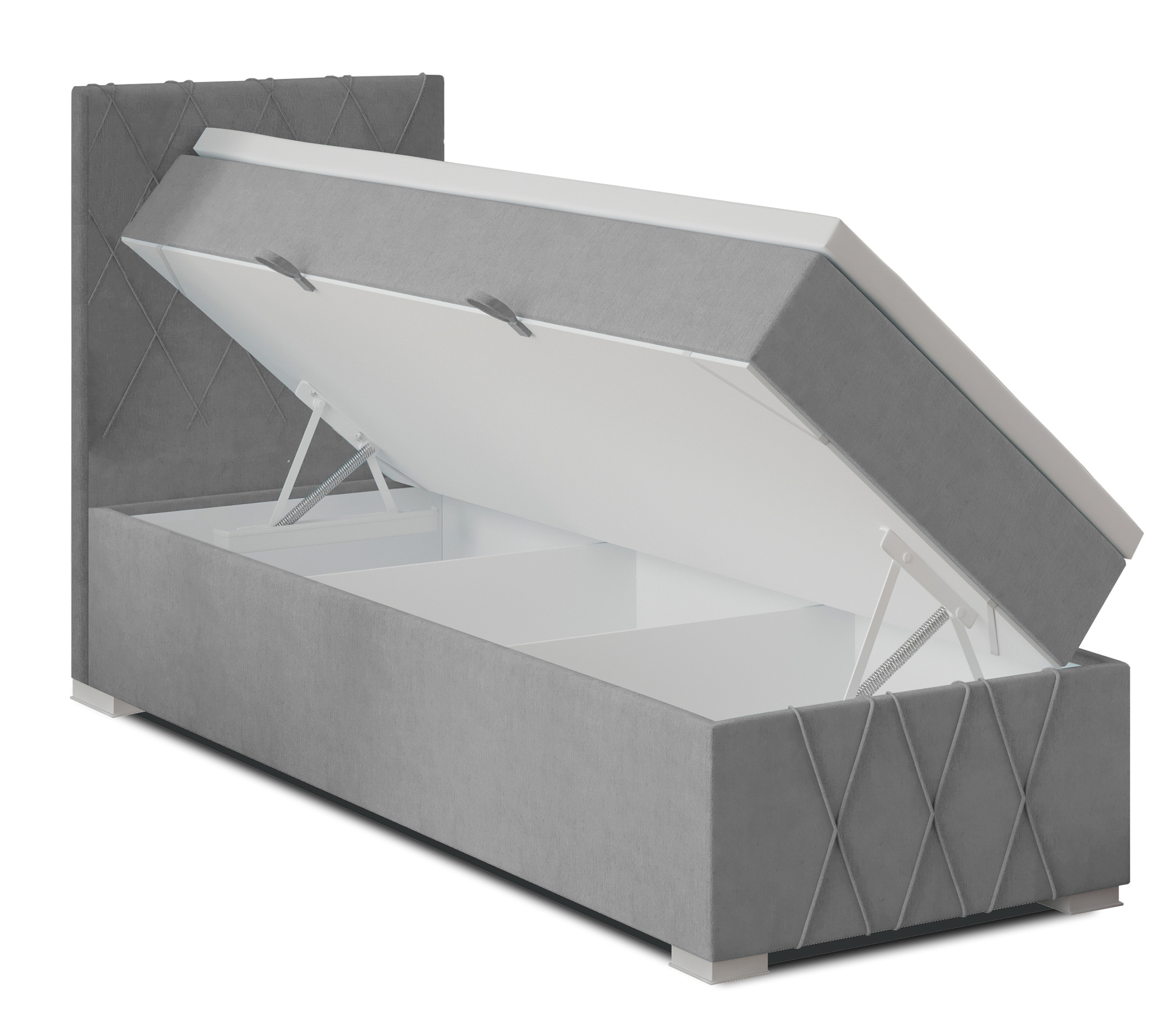 Łóżko kontynentalne 90x200 cm Segarati z pojemnikiem i topperem szare welur hydrofobowy lewostronne