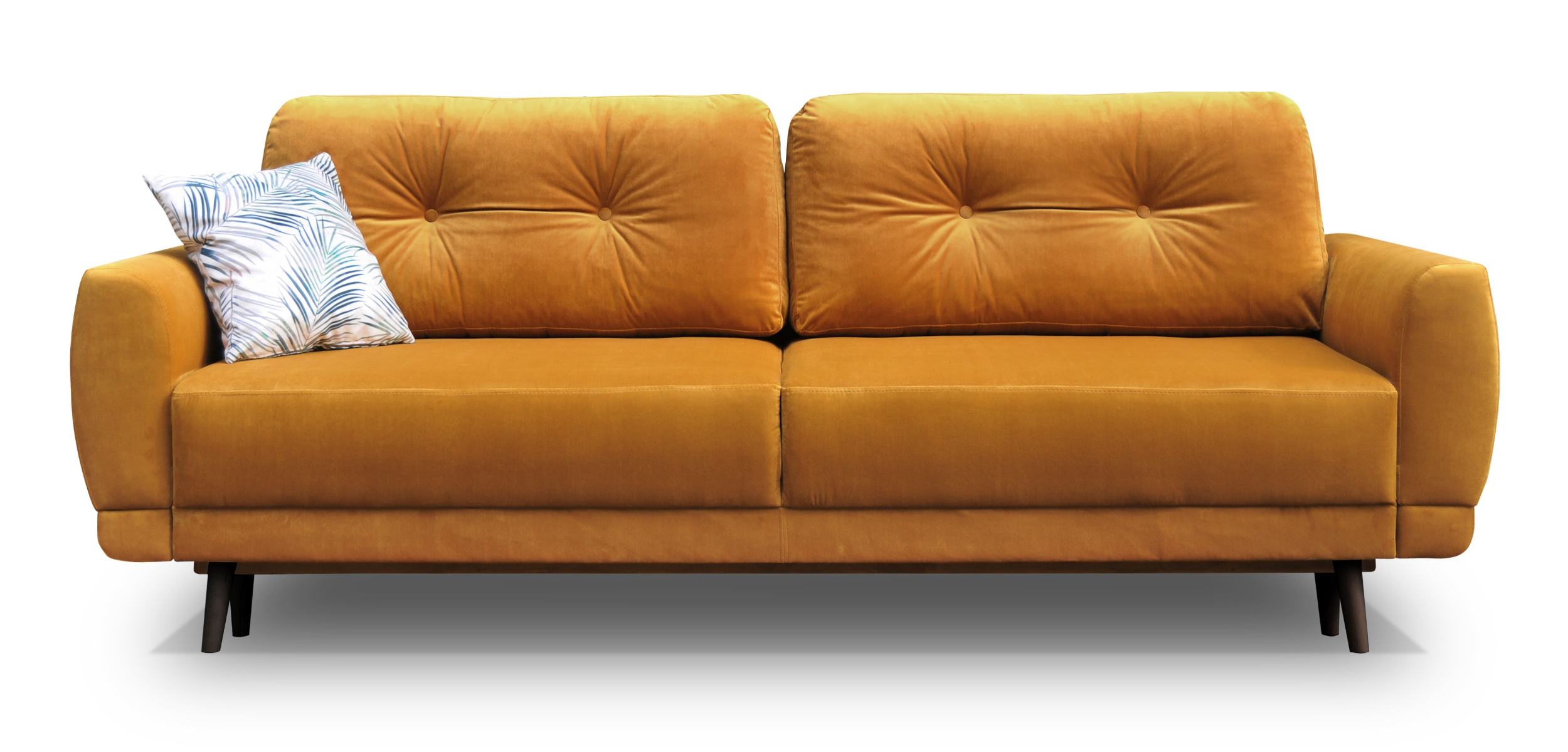 Kanapa rozkładana trzyosobowa Kaccery z pojemnikiem musztardowa welwet z motywem roślinnym - zdjęcie 1