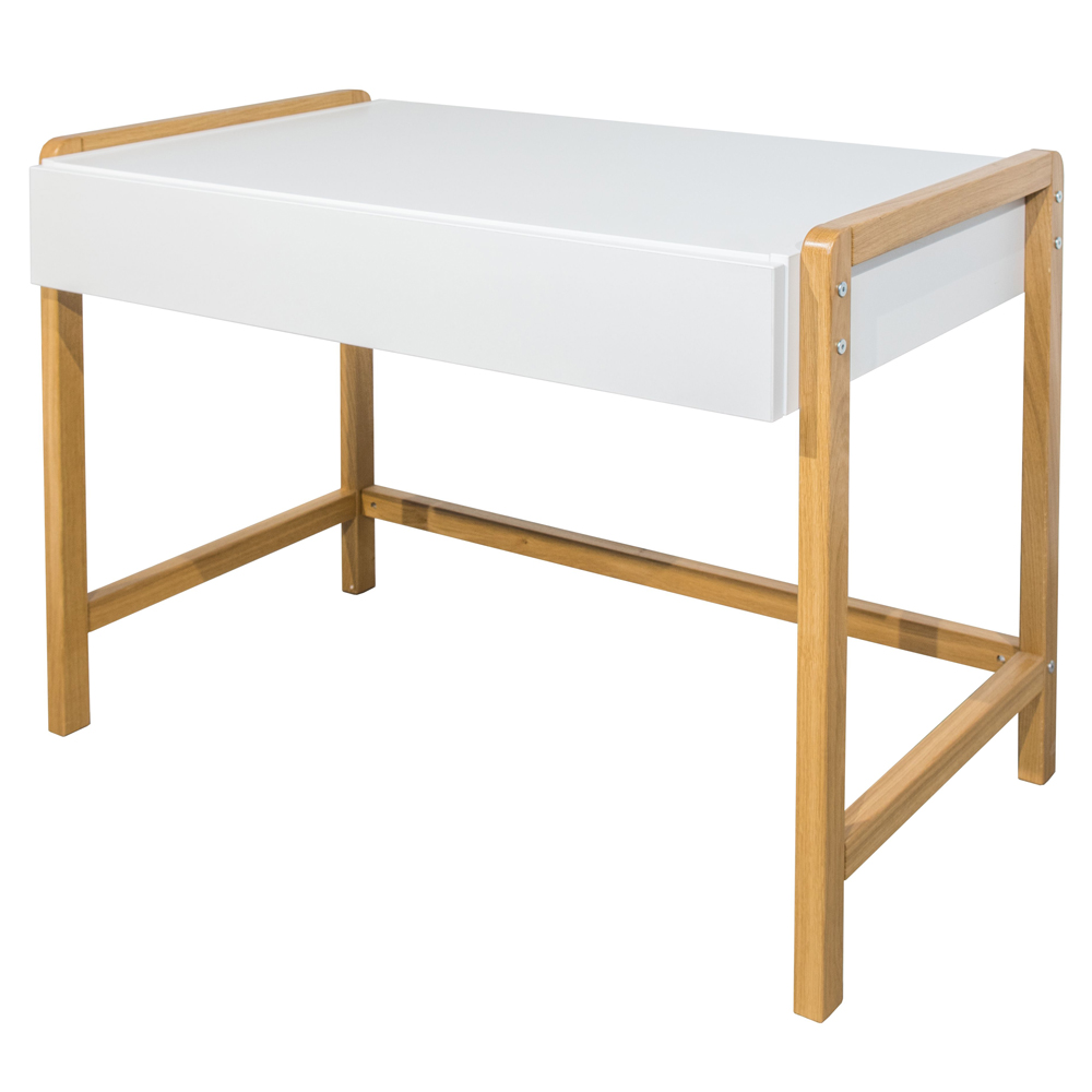 Biurko dla dzieci Viotte 100x60 cm z szufladą i dębowymi nogami białe - zdjęcie 1