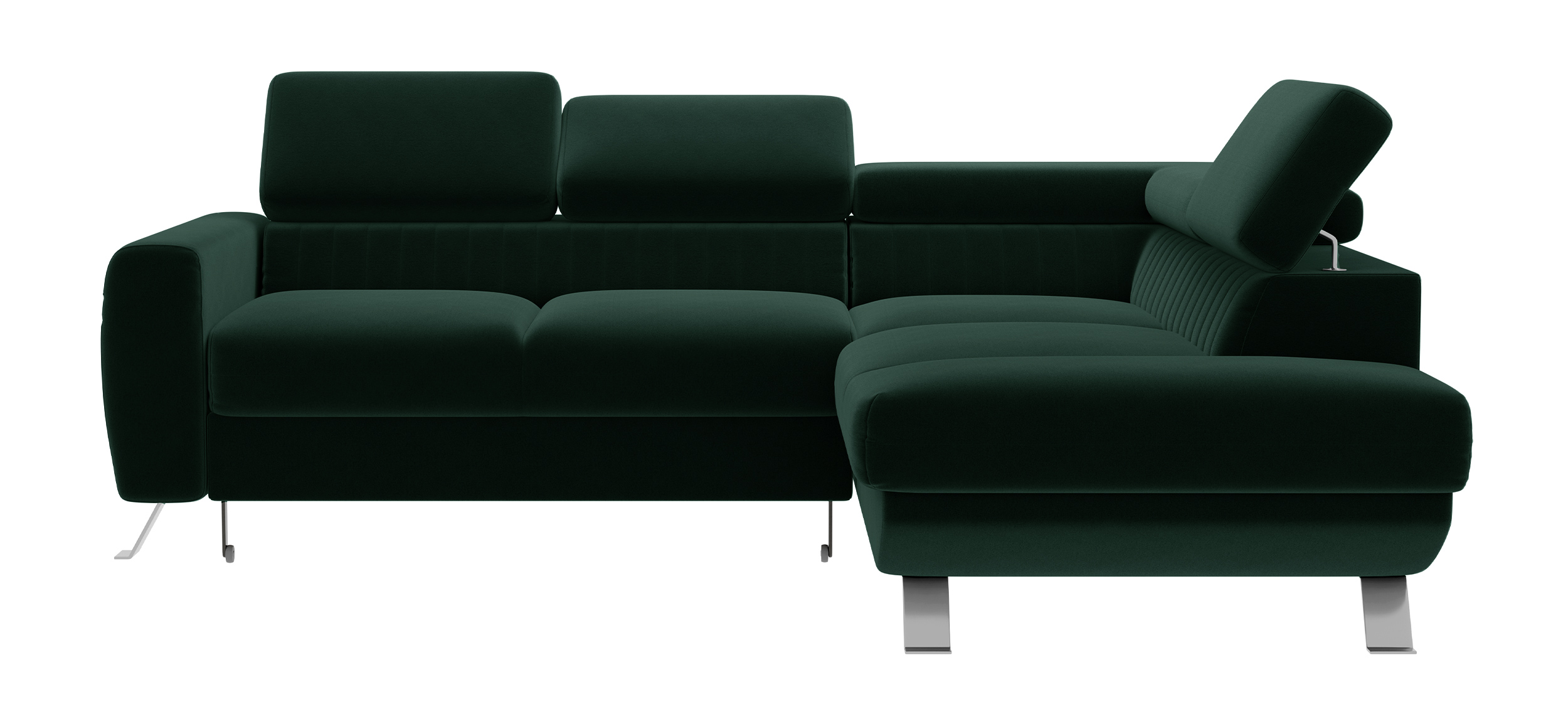 Narożnik z funkcją spania Bambito L-kształtny z pojemnikiem i regulowanymi zagłówkami ciemnozielony welur hydrofobowy prawostronny - zdjęcie 1