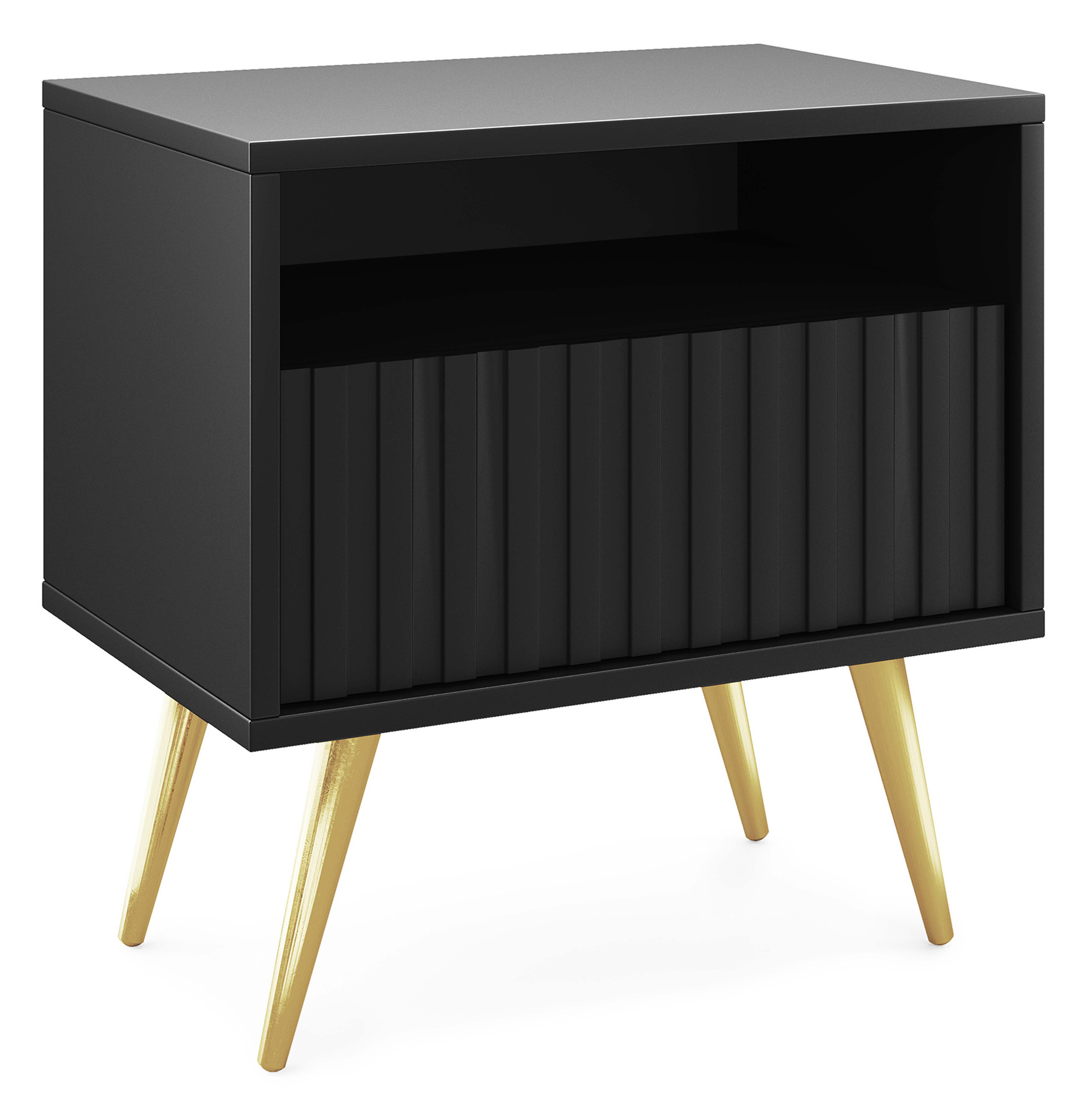 Table de chevet Bello avec un tiroir à façade lamellaire, noire avec pieds dorés