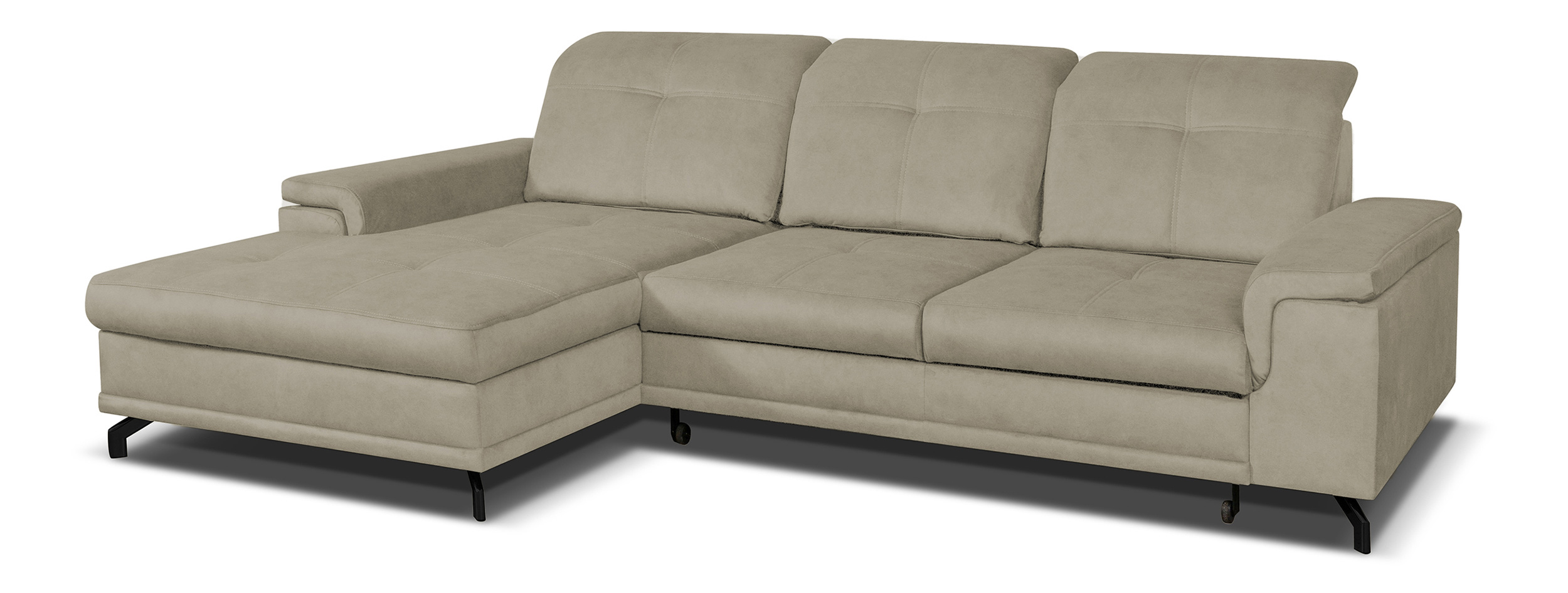 Narożnik z funkcją spania Berberati L-kształtny beżowy nogi czarne velvet hydrofobowy z pojemnikiem lewostronny