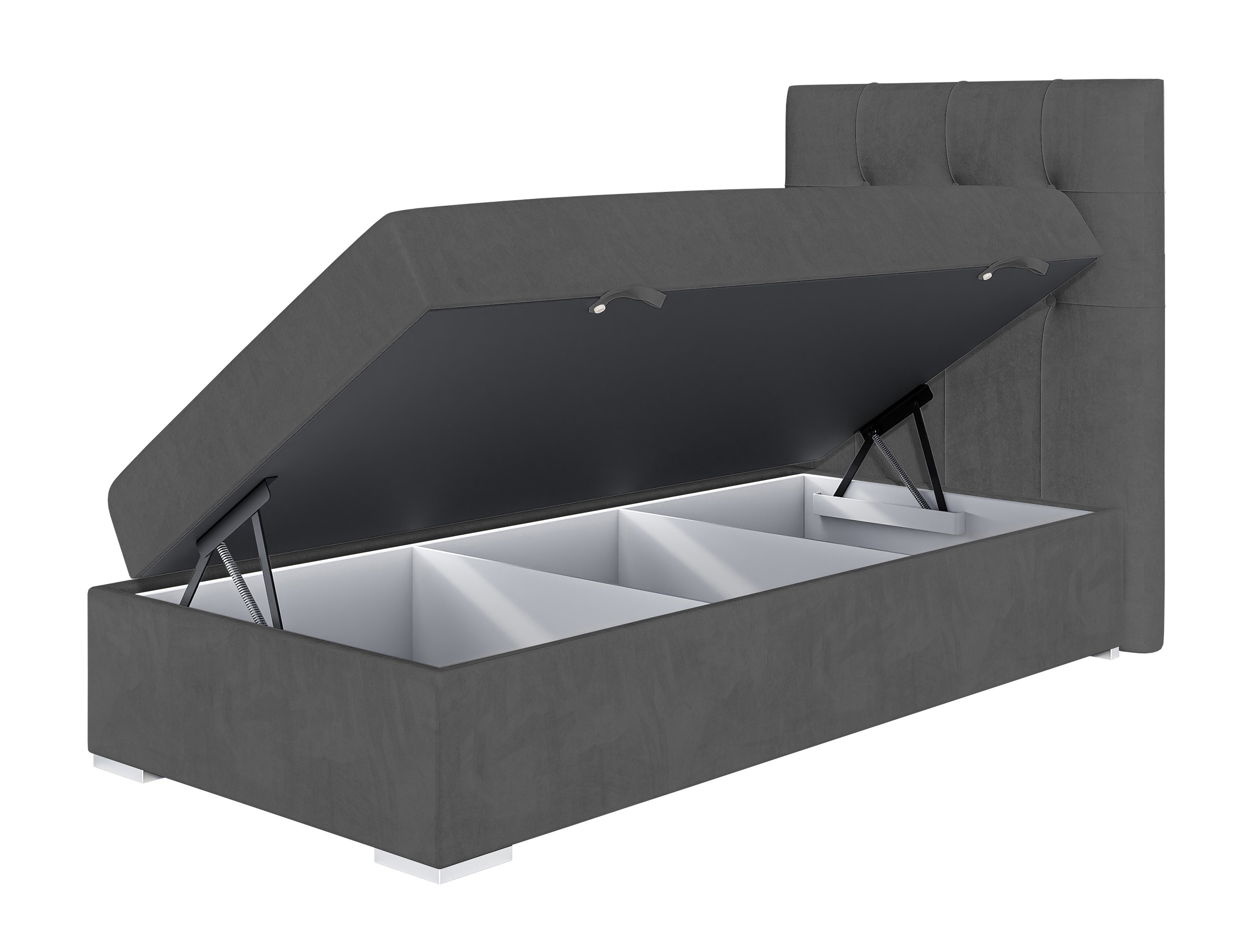 Łóżko kontynentalne 90x200 cm Tondela z pojemnikiem i topperem ciemnoszare welur hydrofobowy prawostronne