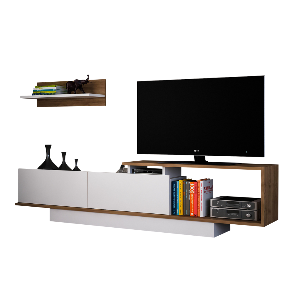 Szafka RTV Kelotto biała z orzechowymi elementami z półką - zdjęcie 1