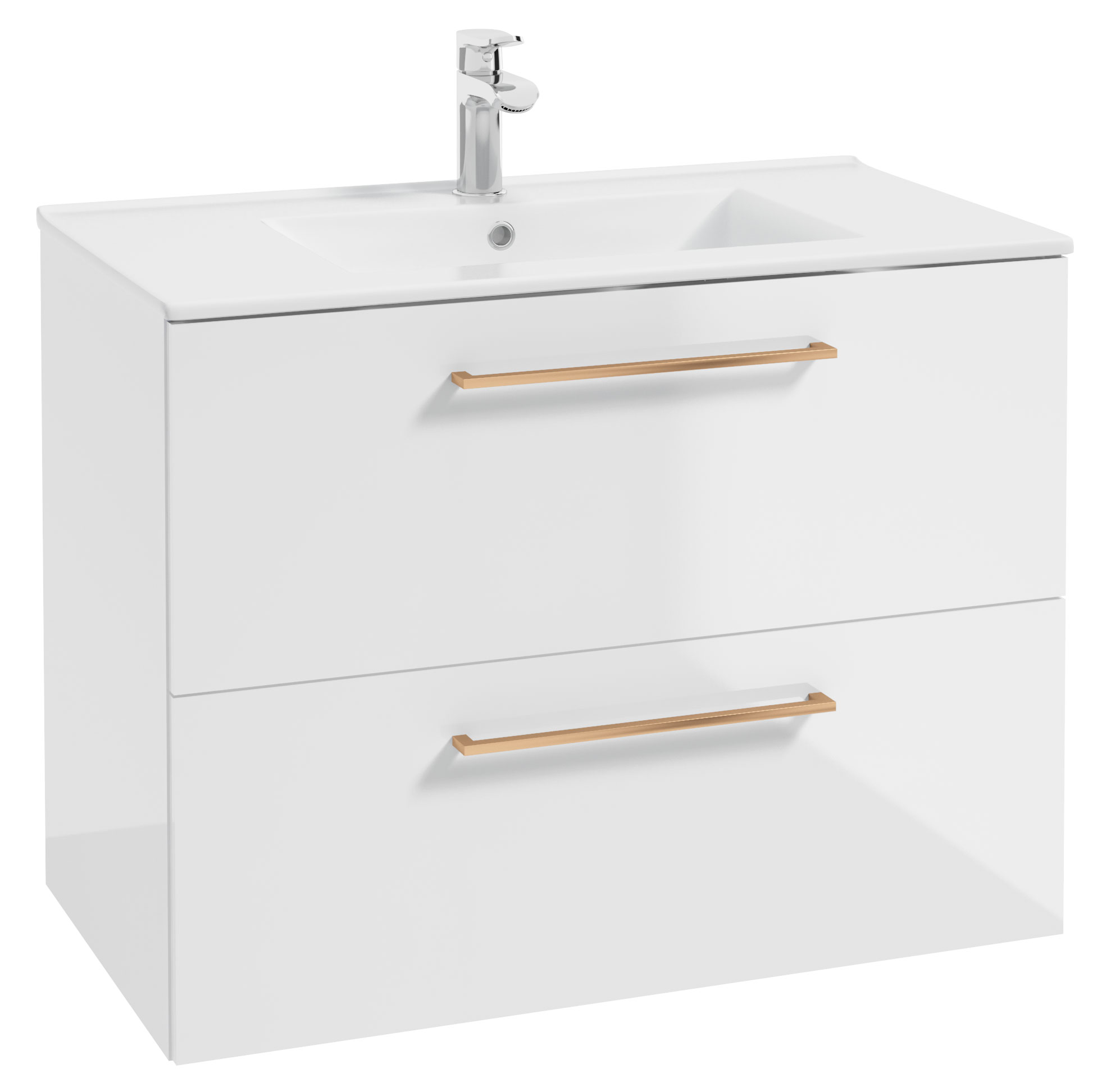 Szafka z umywalką Modullac 80 cm biały połysk z dwiema szufladami i złotym uchwytem - zdjęcie 1