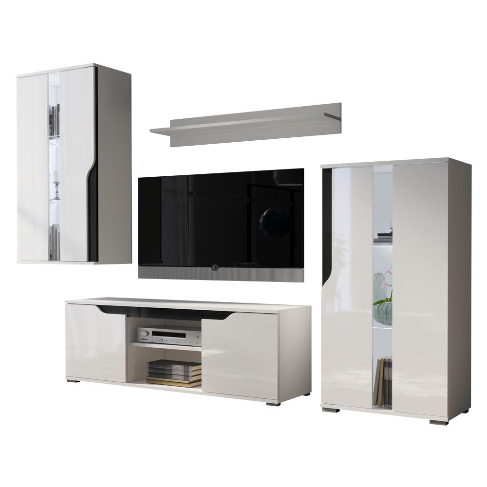 Meblościanka Promina z dwiema witrynami Biały mat / Biały połysk / Czarny połysk  - zdjęcie 1