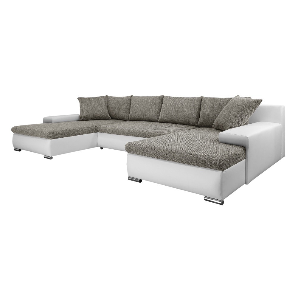 Narożnik z funkcją spania Imbuti U biała ekoskóra-beżowa plecionka