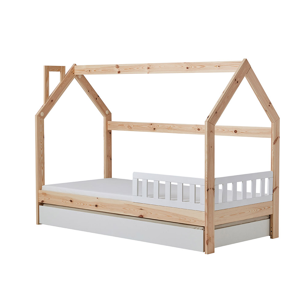 Łóżko domek dla dzieci Hussie z szufladą i białą barierką 90x200 cm - zdjęcie 1