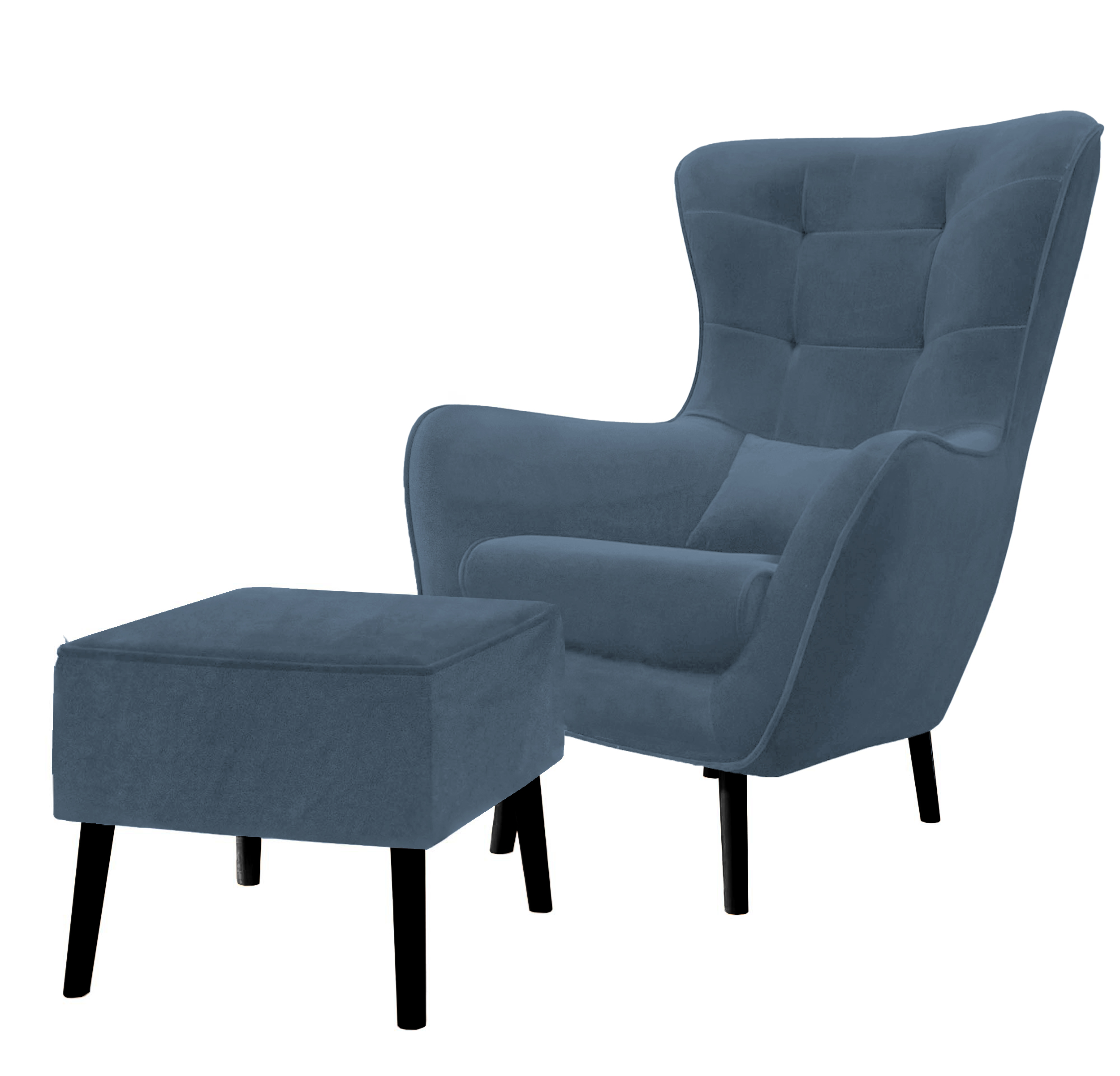 Fotel wypoczynkowy uszak z podnóżkiem Vence niebieski velvet łatwoczyszczący