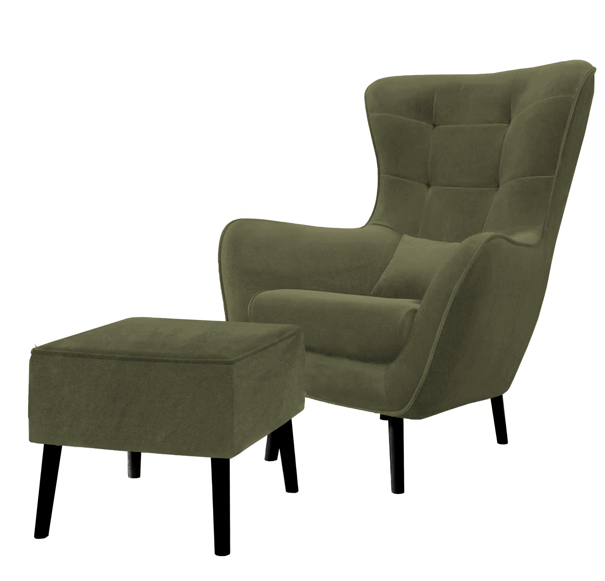 Fotel wypoczynkowy uszak z podnóżkiem Vence zielony velvet łatwoczyszczący