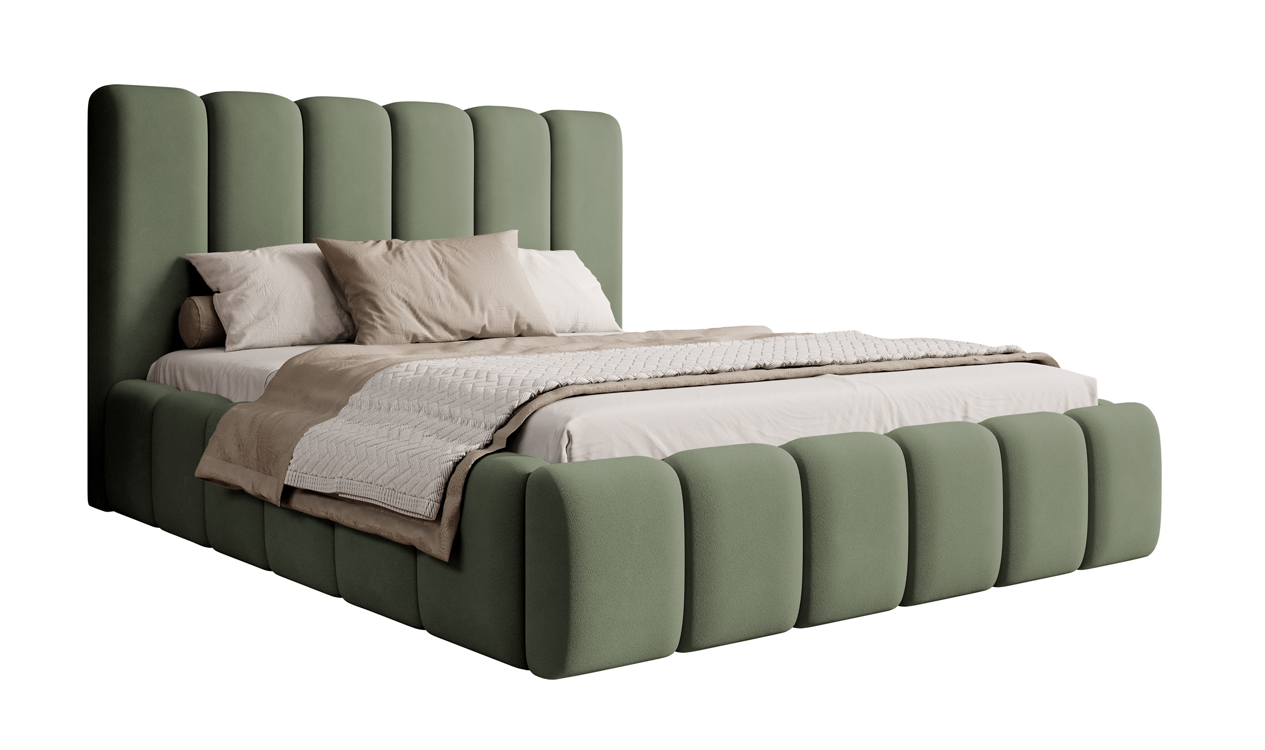 Łóżko tapicerowane 140x200 cm Biscottino szałwiowe z pojemnikiem steleż metalowy podnośnik gazowy - zdjęcie 1